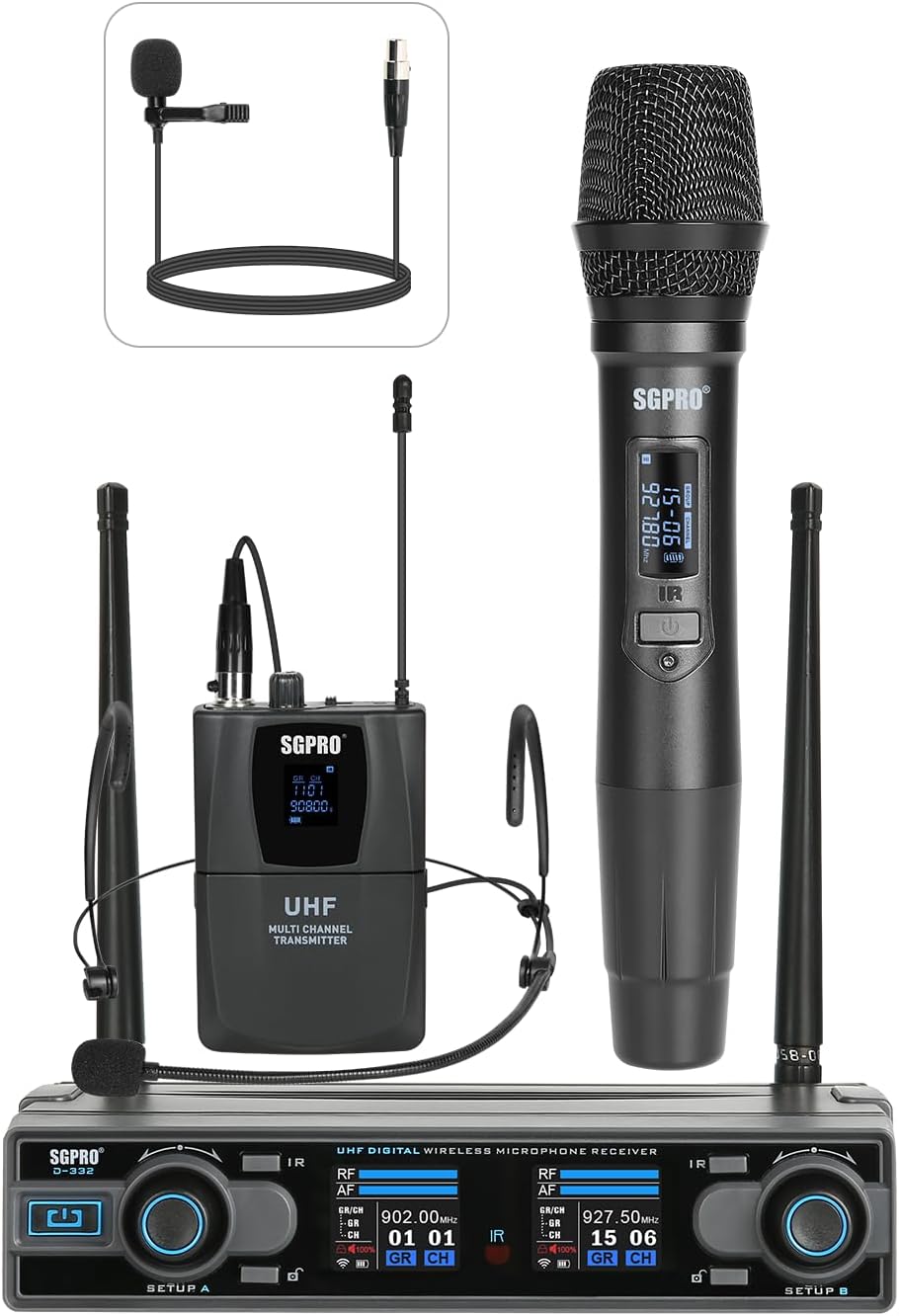 Dual Channel Wireless Microphone System - UHF Handheld, Bodypack, Head-Worn & Lavalier Mics for Live Performance, Karaoke, DJ, Church, Classroom & PA Systems (D-332HB)