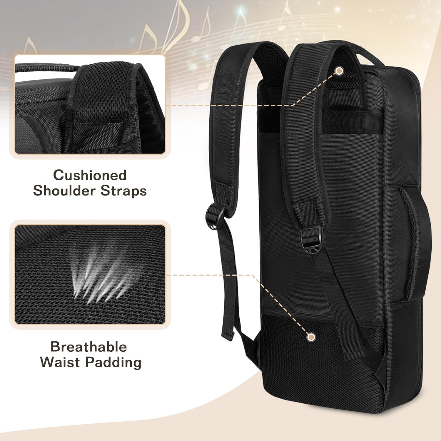 Trumpet Case Backpack, Musical Instrument Storage Carrying Bags with Thick Cotton Liner, Separate Pocket for 2 Mutes, 2 Carrying Ways, Black