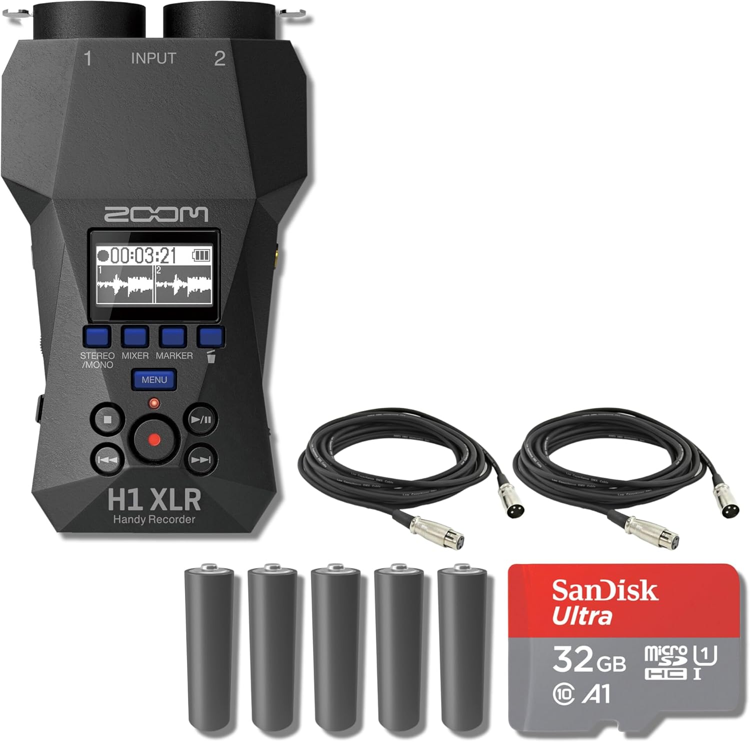 Zoom H1 XLR Portable Recorder with 2X XLR Cables, 5X AA Batteries and 32GB microSD Card with Adapter
