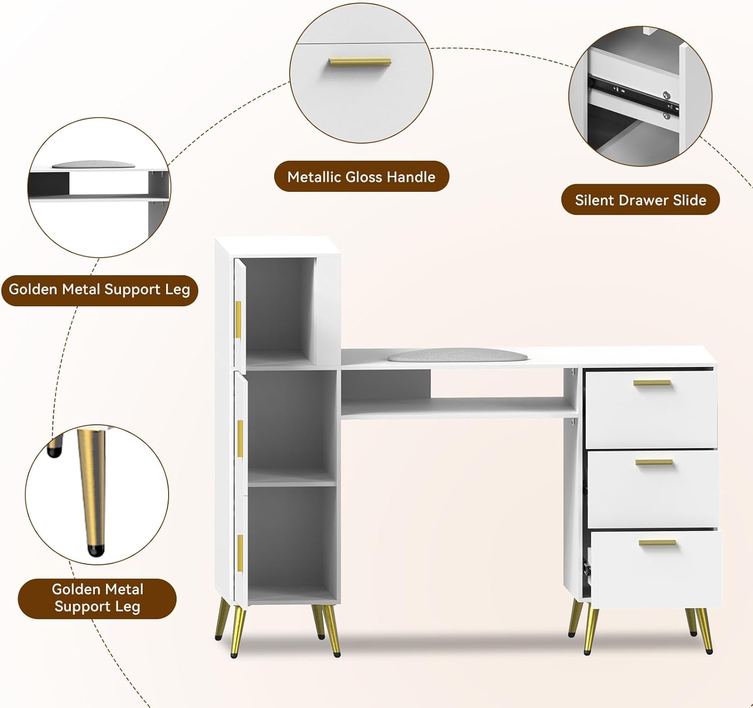 ARTETHYS Portable Nail Desk with Drawers White Manicure Table Nail Station with Shelves L-Shaped Salon Corner Nail Art Equipment for Nail Tech
