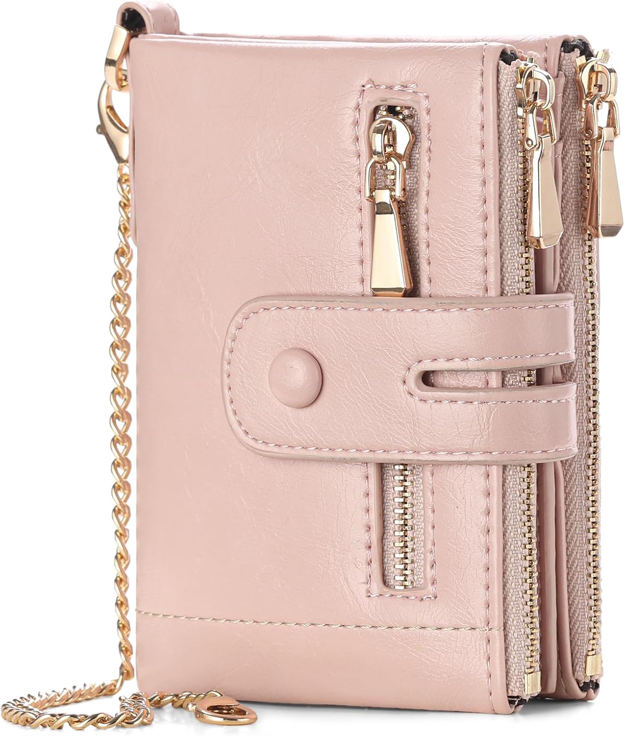 Small Genuine Leather Wallet for Women RFID Blocking Bifold with Double Zipper Coin Pocket & Anti-Theft Chain (Pink)