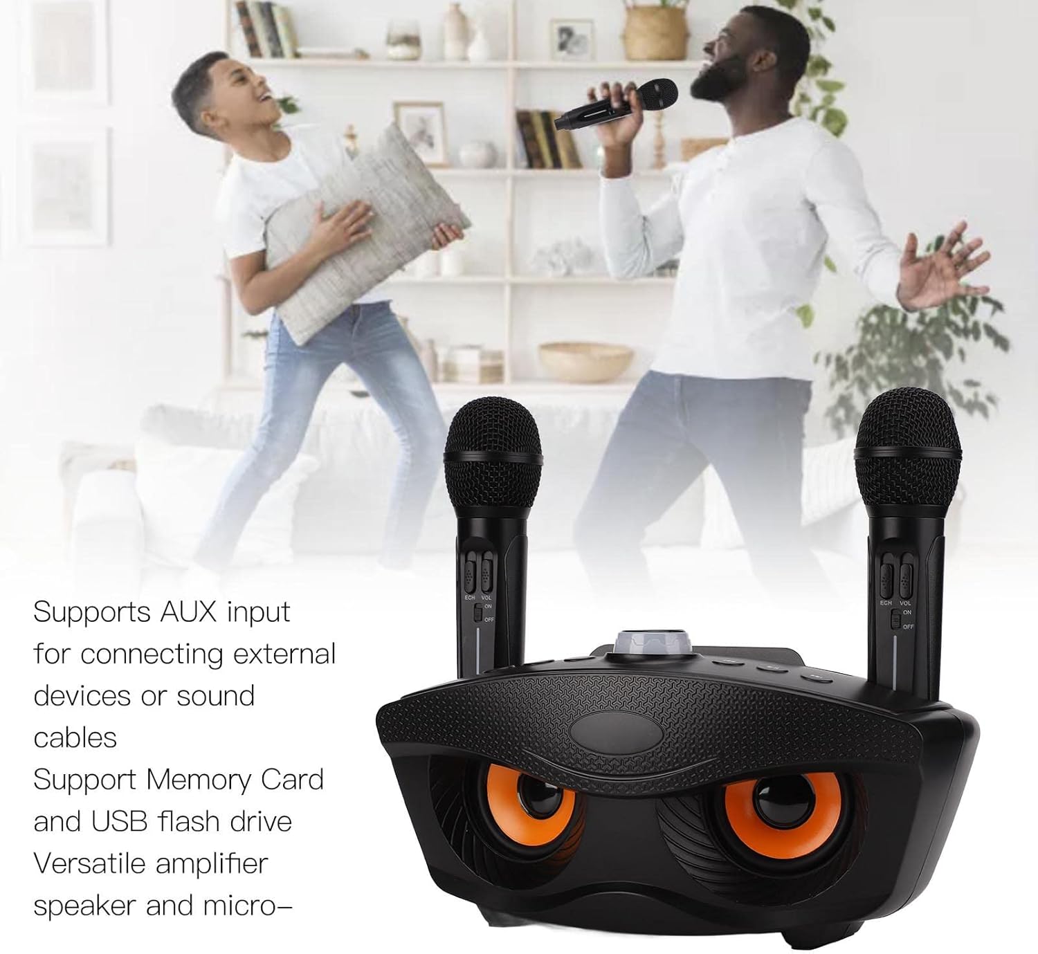 ASHATA Microphone System, Dual Cordless Mic Set Home KTV Stereo Bluetooth Karaoke System, Innovative Owl Karaoke, Support Aux Input, Memory Card and U Disk