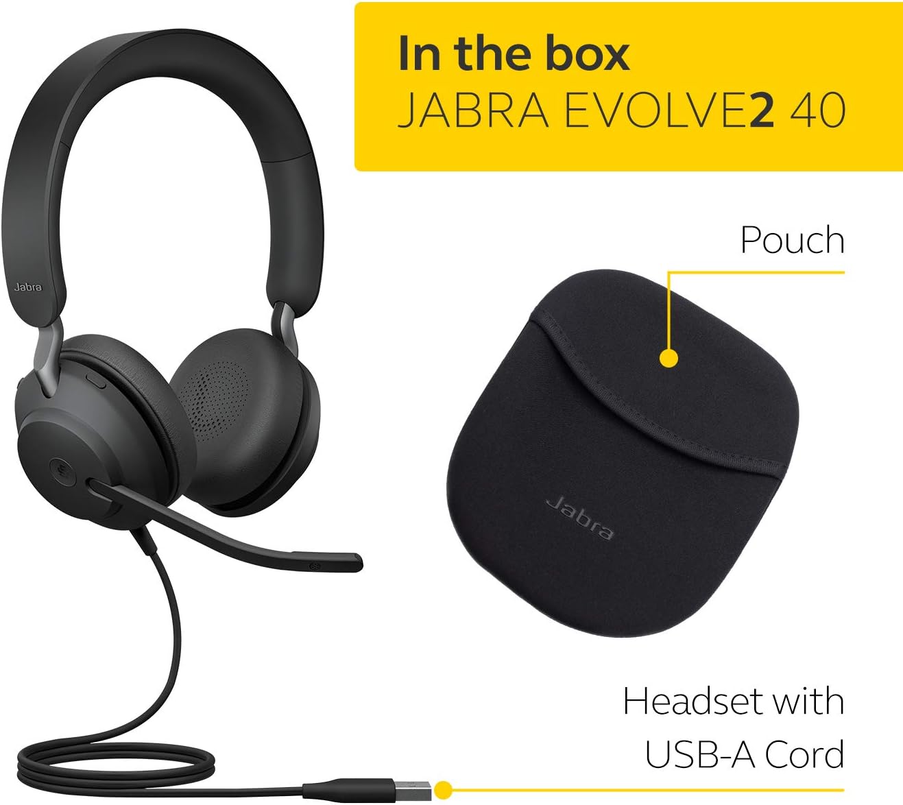 Jabra Evolve2 40 PC Headset - Noise Cancelling UC Certified Stereo Headphones with 3-Microphone Call Technology - USB-A Cable - Black