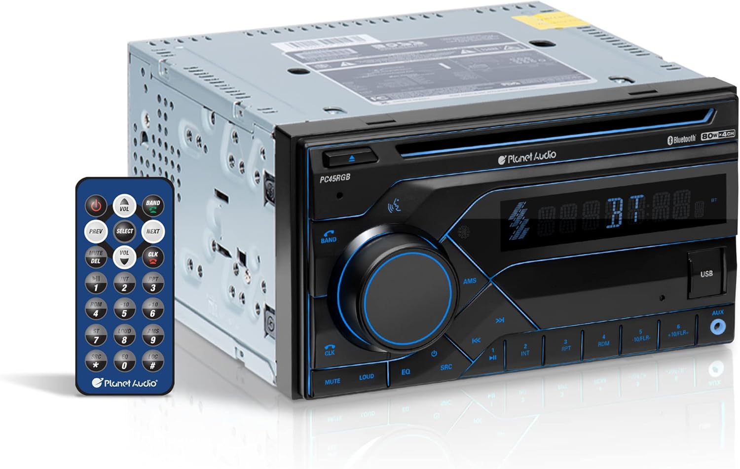 Planet Audio PC45RGB Car Stereo System - Double Din Head Unit, Bluetooth Audio and Hands-Free Calling, AM/FM Radio Receiver, CD Player, Aux in, USB, Multicolor Illumination, Wireless Remote