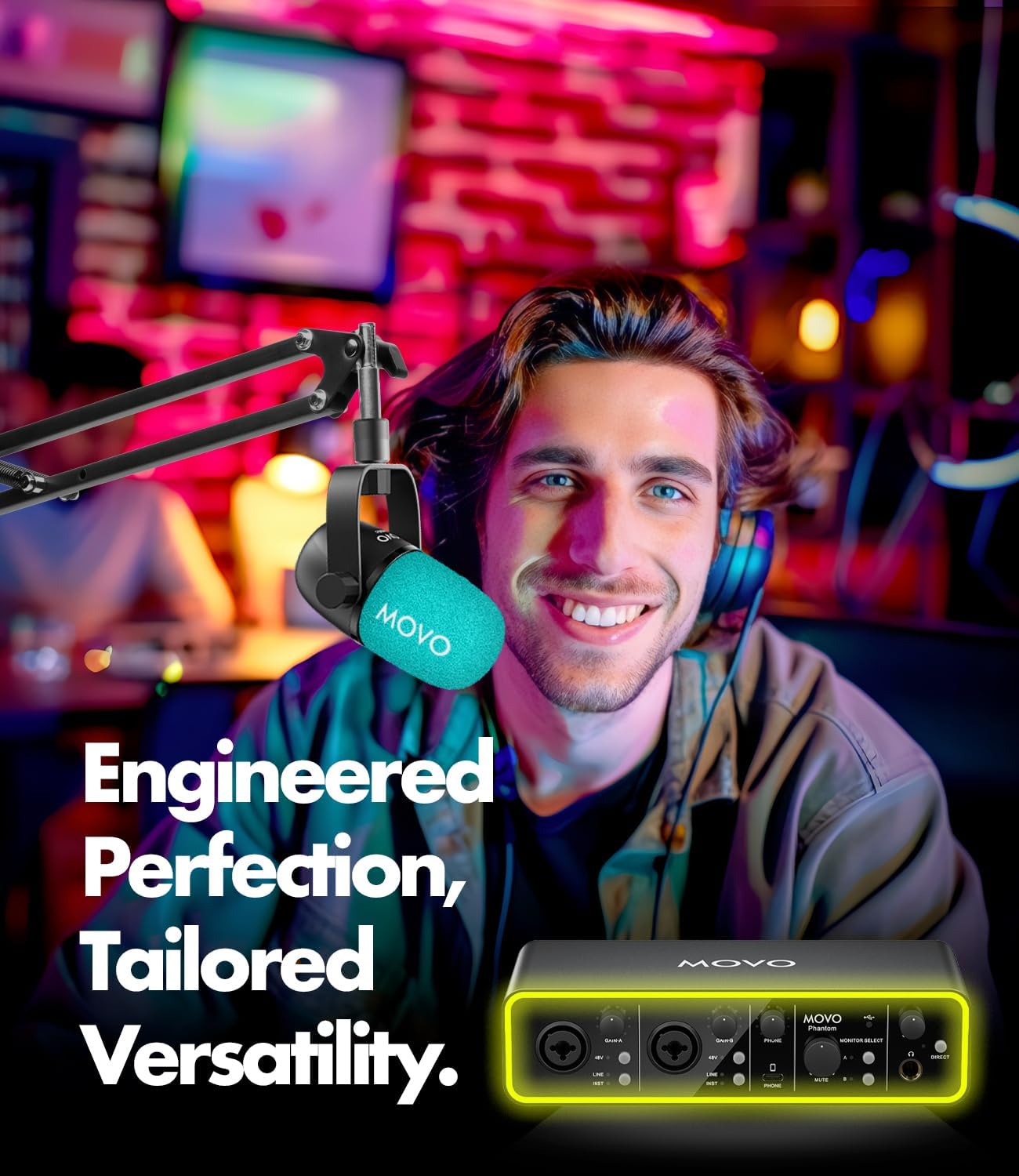 Movo Music Audio Interface Bundle - Phantom USB Audio Interface, CastMic XLR Dynamic Microphone, and Boom Arm - Professional Studio Equipment for Musicians, Singers, and Producers