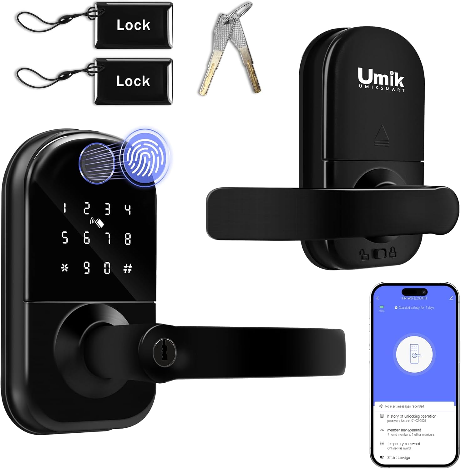 Fingerprint Smart Door Lock with Handle, Keyless Entry Door Knob with Digital Keypad, Electric Deadbolt Remote App Access & Doorbell, Digital Lock for Home, Office Matte Black