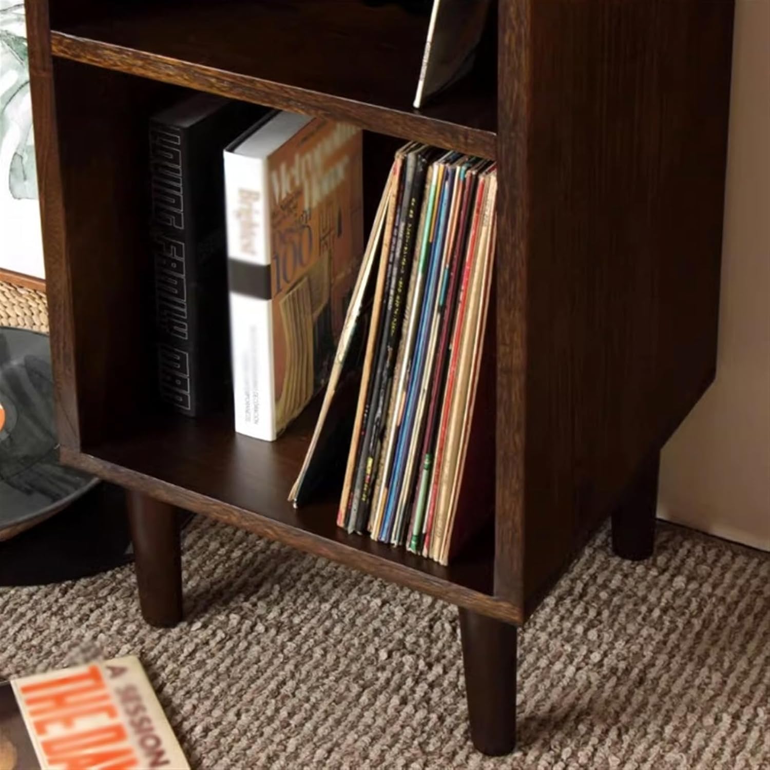 Record Storage Shelf 3-Tier Vinyl Record Album Storage, Solid Wood Floor Standing Book Case CD Storage Cabinet with Legs, for Living Room, Bedroom, Office Record Shelf