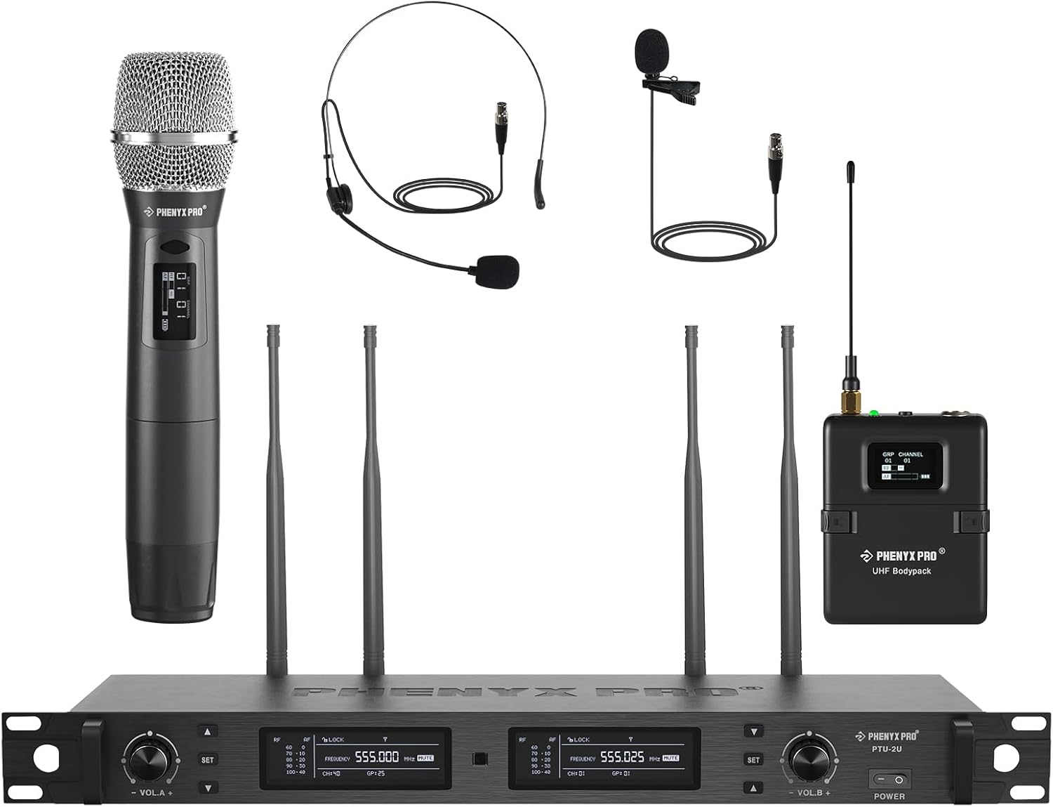 Phenyx Pro Wireless Microphone System, True Diversity Dual Cordless Microphone Set w/UHF Handheld/Bodypack/Headset/Lapel Mics, Auto Scan, 2x1000 Channels for Stage & Studio (PTU-2U-1H1B)