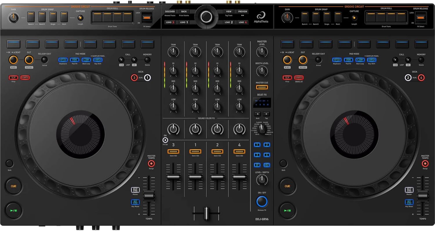 DDJ-GRV6 4-Channel DJ Controller with 2x Hosa CPR-203 Dual 1/4