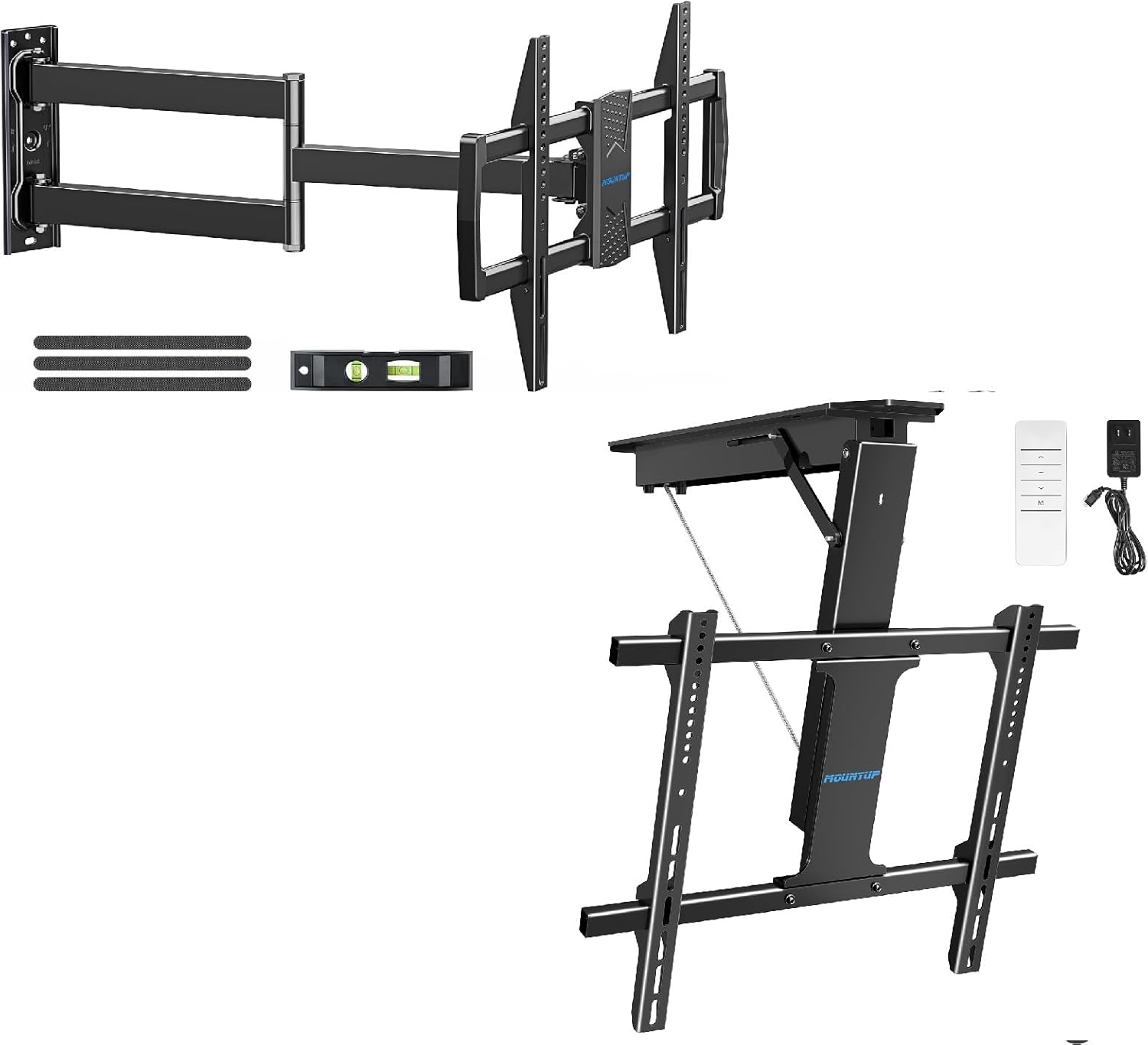 MOUNTUP MU0076 Long Arm TV Wall Mount Bundle MU2501 Flip Down Ceiling TV Mount with Remote