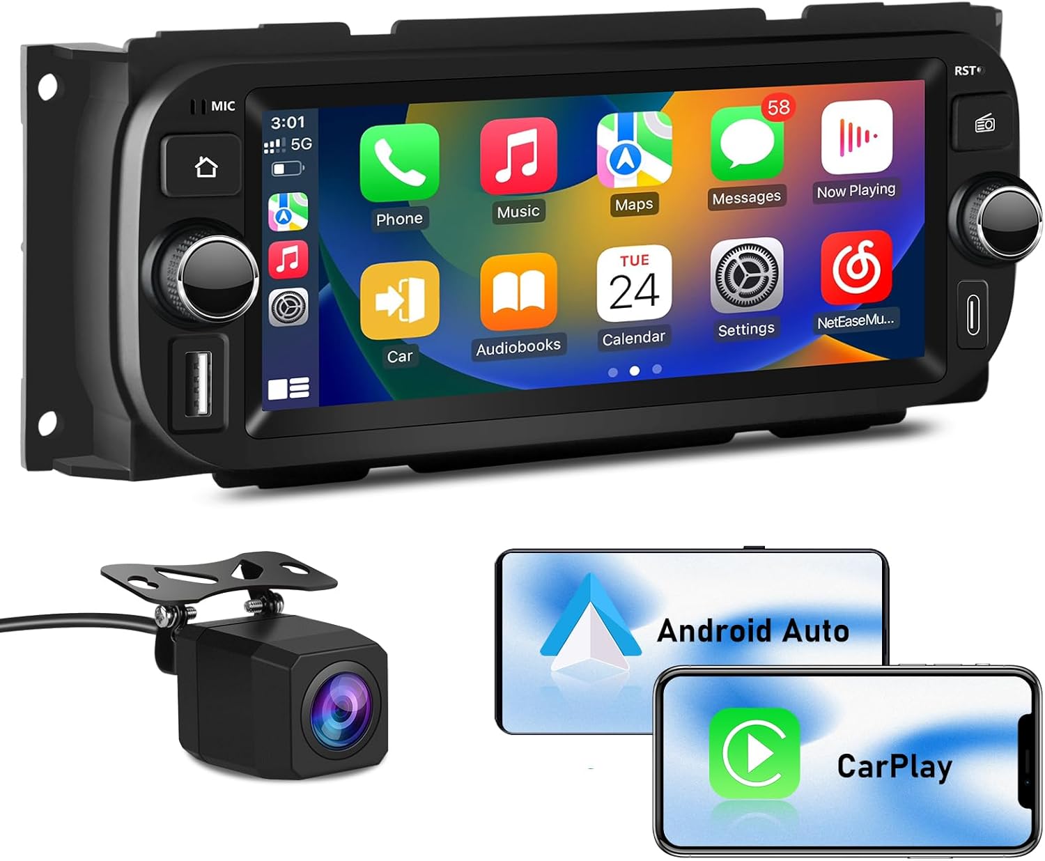 AWESAFE [2GB+64GB] Car Stereo for Jeep Wrangler 2003-2006 Dodge RAM 2002-2005, Touch Screen Carplay Radio with WiFi GPS AM FM CarPlay Android Auto