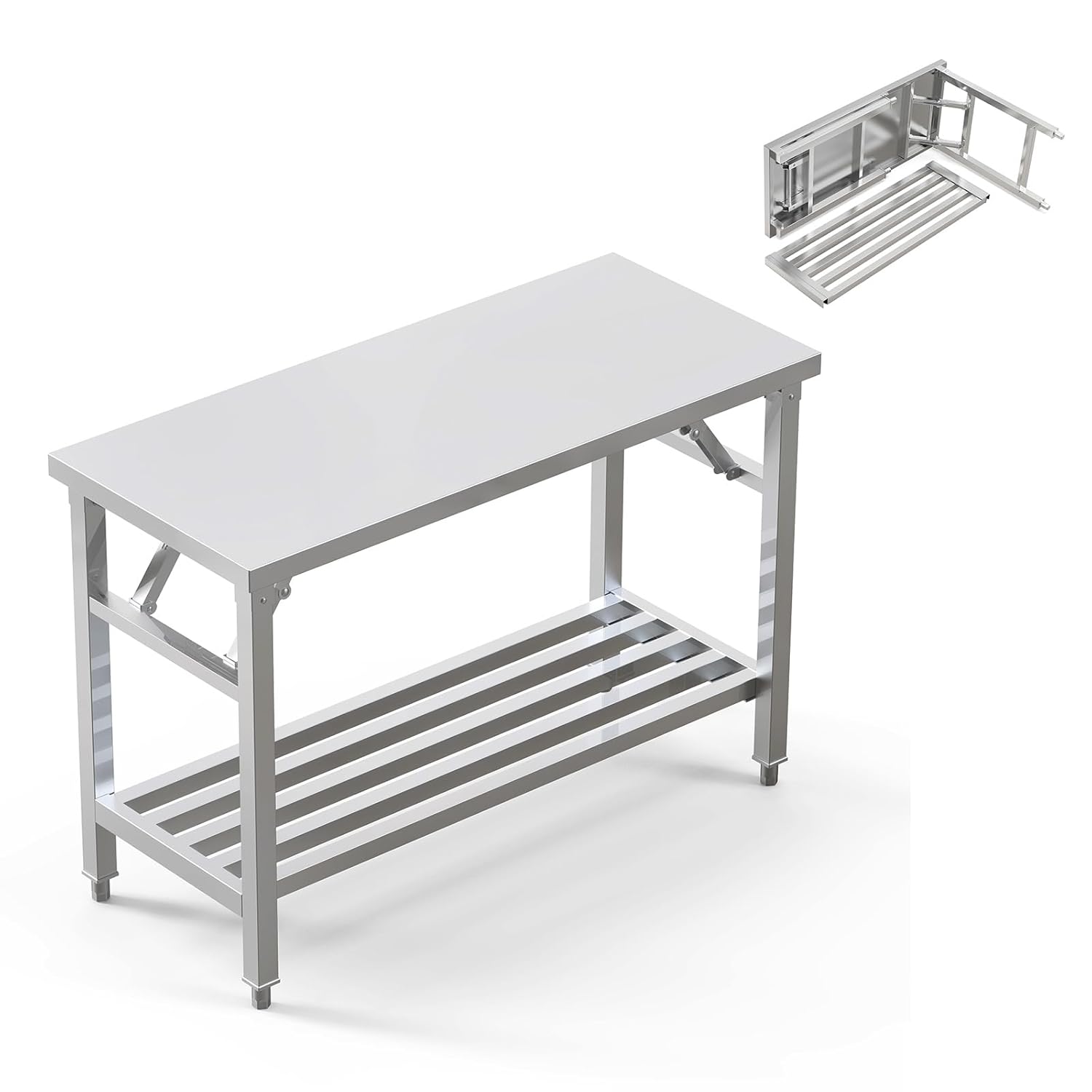 Folding Stainless Steel Table with Adjustable Table Corners and Lower Removable Shelf 20X45 Inches for Outdoor Camping, Maintenance Room, Storage, Kitchen (with undershelf)