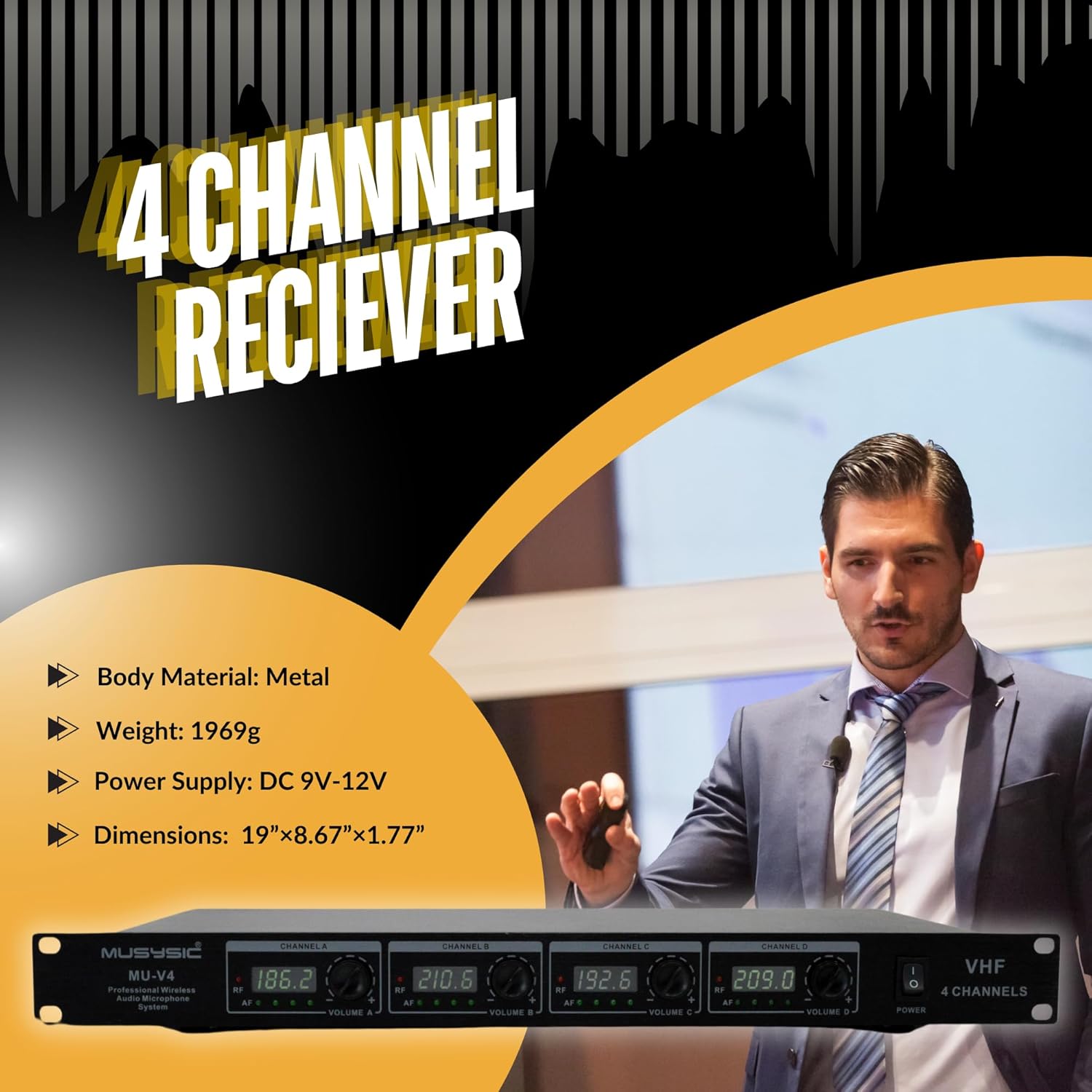 MUSYSIC Wireless Microphone System Wireless VHF Lapel Lavalier Headset, Transmitter and Receiver Advanced SM Technology 1/4” Output Individual Frequency & Volume Control – 4 Channel