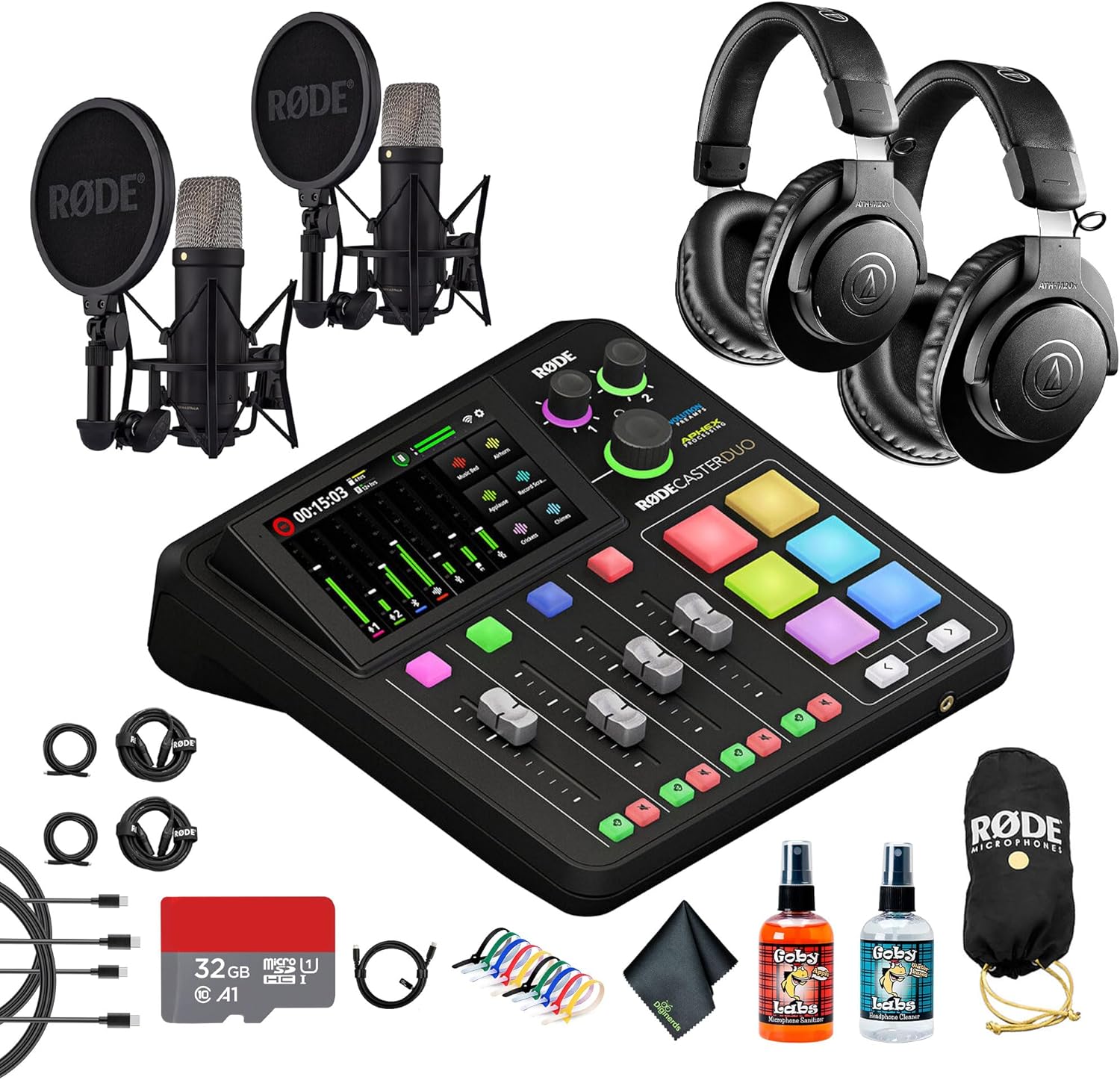 RODE RODECaster Duo Integrated Audio Production Studio | Compact Mixer with Dual USB Interface & Bluetooth | Podcasting & Streaming (RCDUO) + 2x Headphones + 2x Podcast Microphone + 32GB Card + More