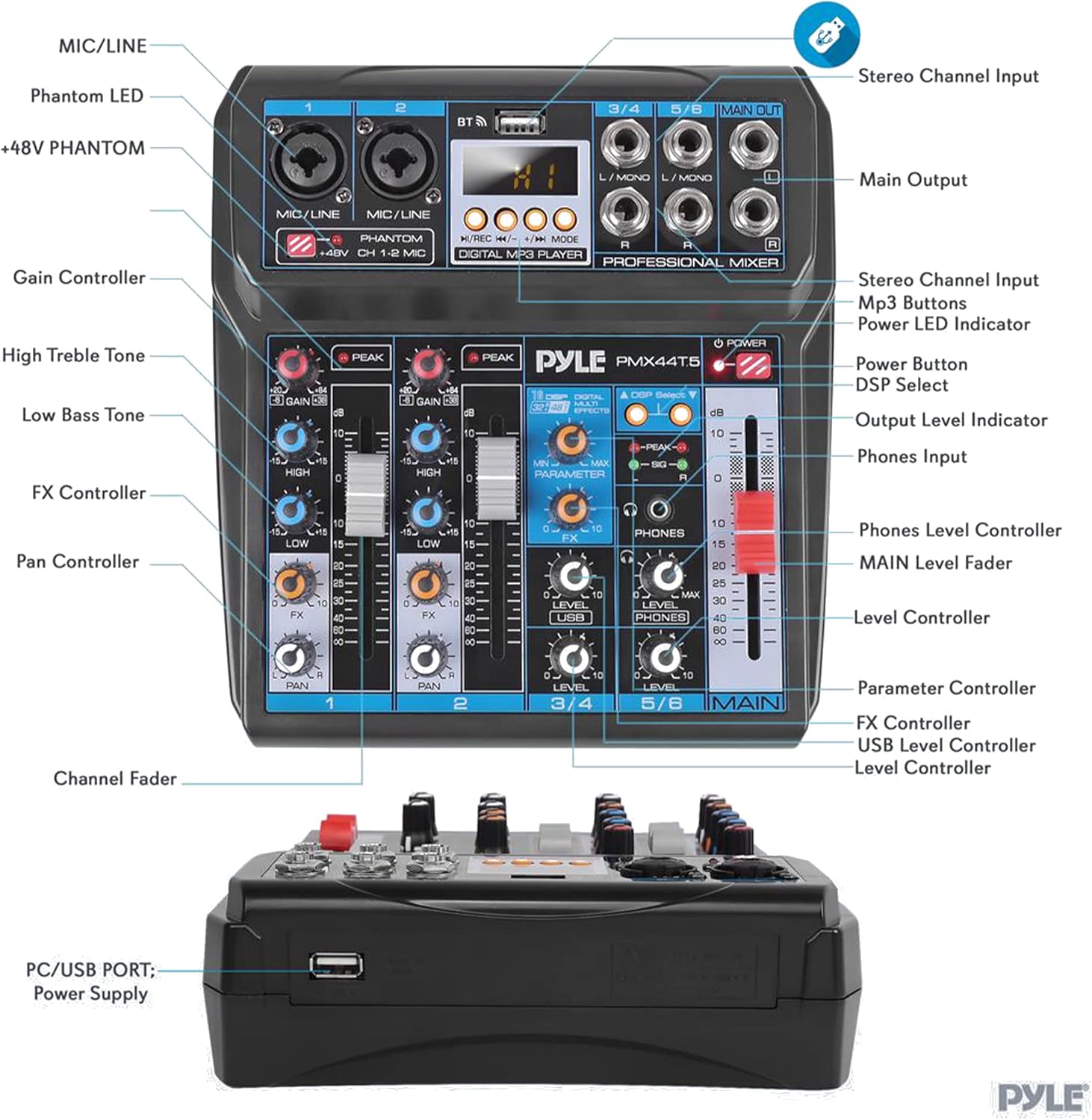 Pyle Professional Wireless DJ Audio Mixer - 6-Channel Bluetooth Compatible DJ Controller Sound Mixer w/ DSP Effects, USB Audio Interface, Dual RCA In, XLR/1/4