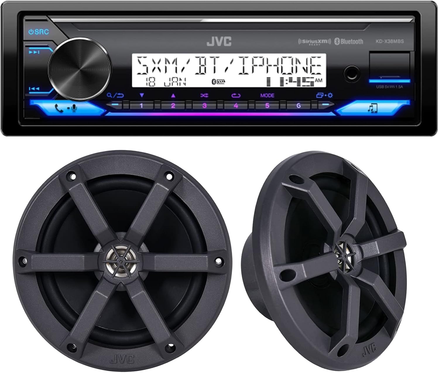 JVC KD-X38MBS Single DIN Mechless USB AUX Bluetooth Car Digital Media Stereo Receiver with 1 Pair (Qty 2) JVC CS-MS620 6.5