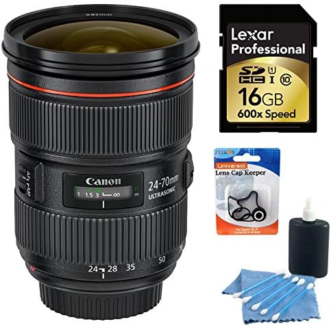 Beach Camera Canon EF 24-70mm f/2.8L II USM Lens Bundle Includes: 24-70mm Lens, Lexar 16GB Professional 600x SDHC UHS-I Memory Card, 3pc. Lens Cleaning Kit, & Lens Cap Keeper
