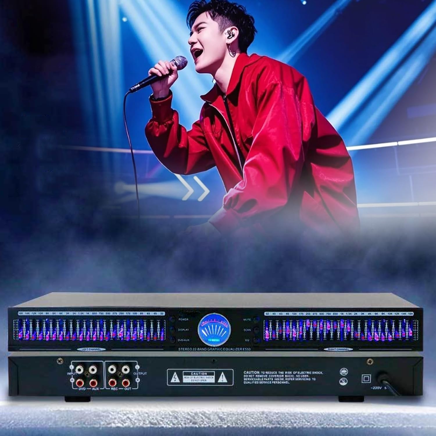 22-Band Audio Equalizer, Stereo Graphic Equalizer with flashing lights, 1U Rack Mount, with 10 Preset Effects, Hifi Home EQ Tuning Noise Reduction, Low/Mid/Treble Adjustment, for Recording Studio