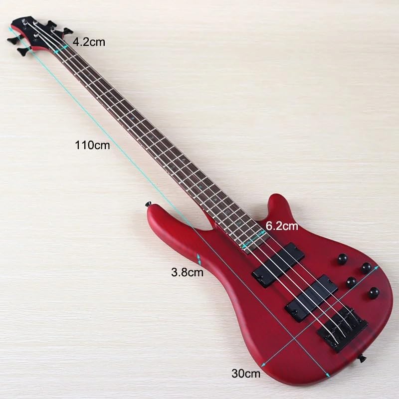 4-String Electric Bass Guitar, 43-Inch Red Matte Finish, Solid Ashwood Body, 24-Fret Technical Wood Fingerboard