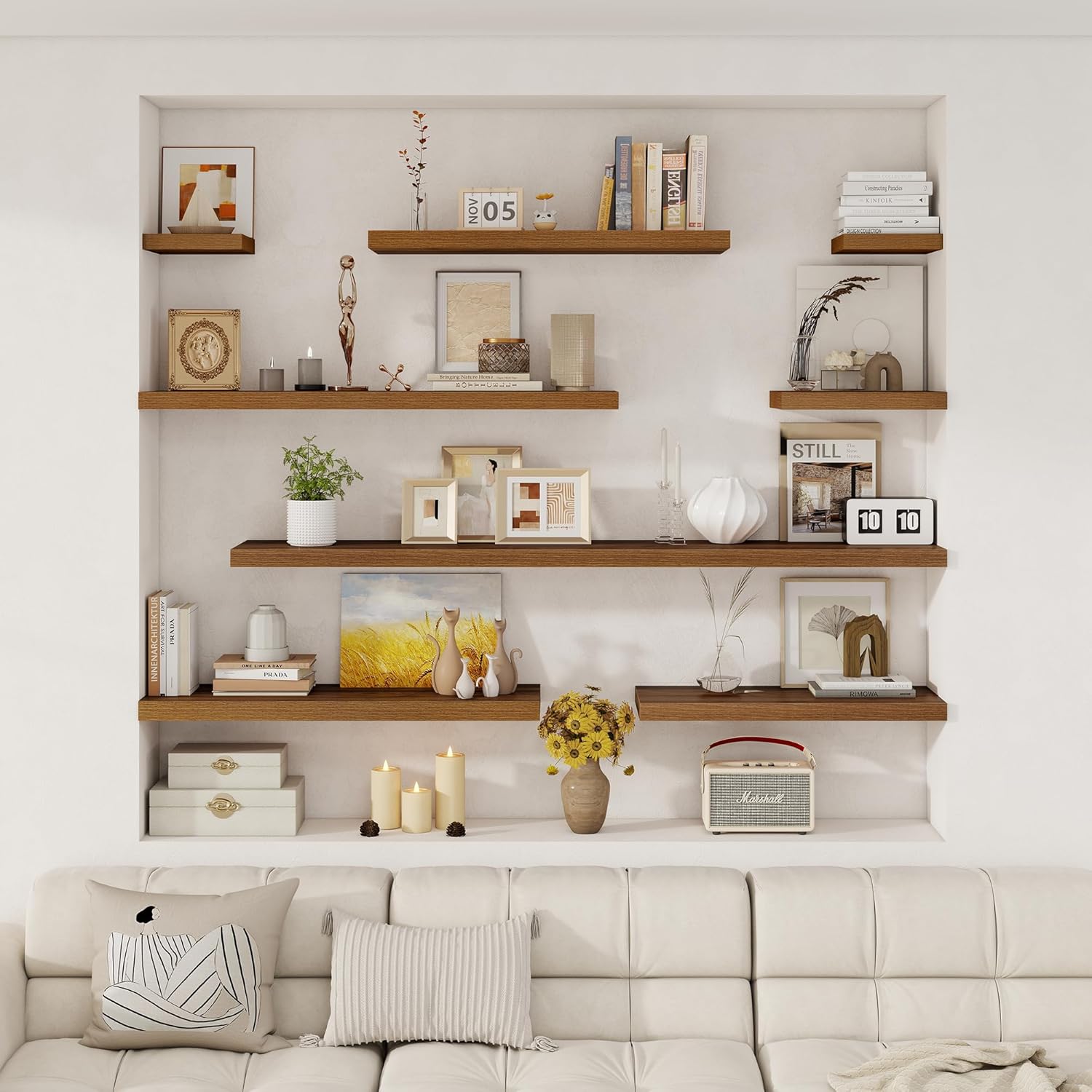 Fun Memories 12 Deep Floating Shelves for Wall | 30W x 12D Large Floating Shelves | 3 Pack Storage Space Wall Mount Shelf for Living Room Bathroom Toilet Laundry Room Kitchen Home Office - Walnut