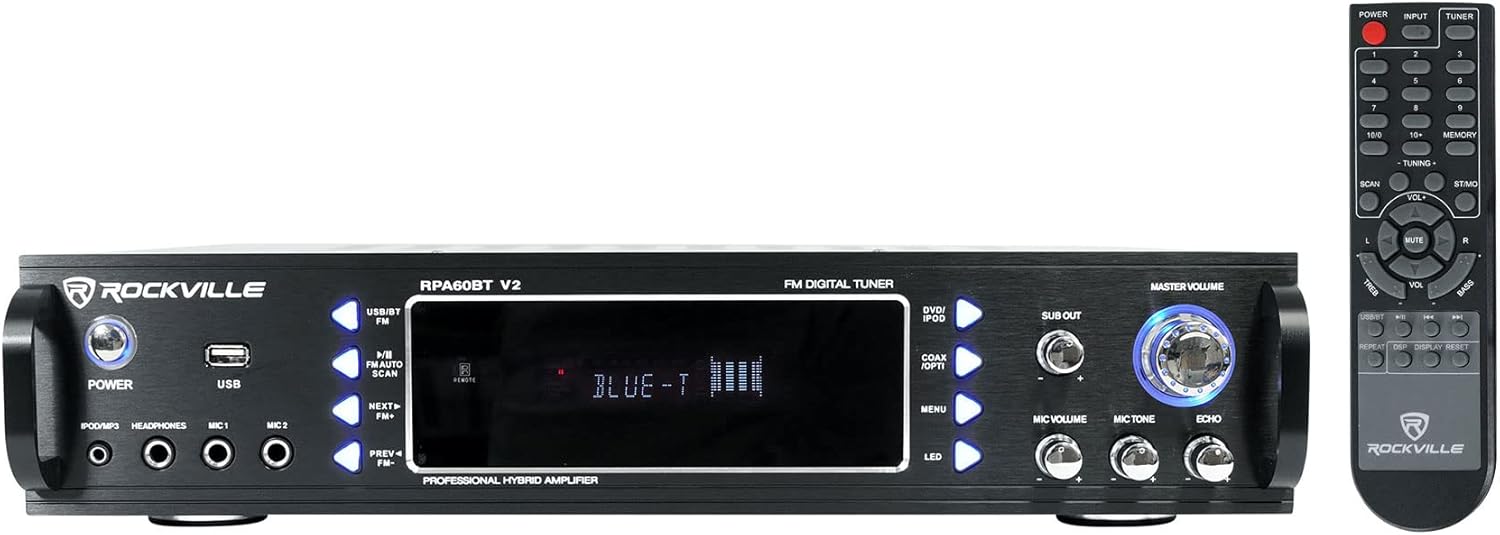 Rockville RPA60BT V2 Bundle: 1000W Bluetooth Amplifier Mixer, (2) HC85 8 in 700-Watt in-Ceiling Speakers, (2) RMC-XLR Wired Mics, RCDR10B RCA Cable, RNRMR10 3.5 mm to RCA Cable, TS1224 Aux, 8-Items