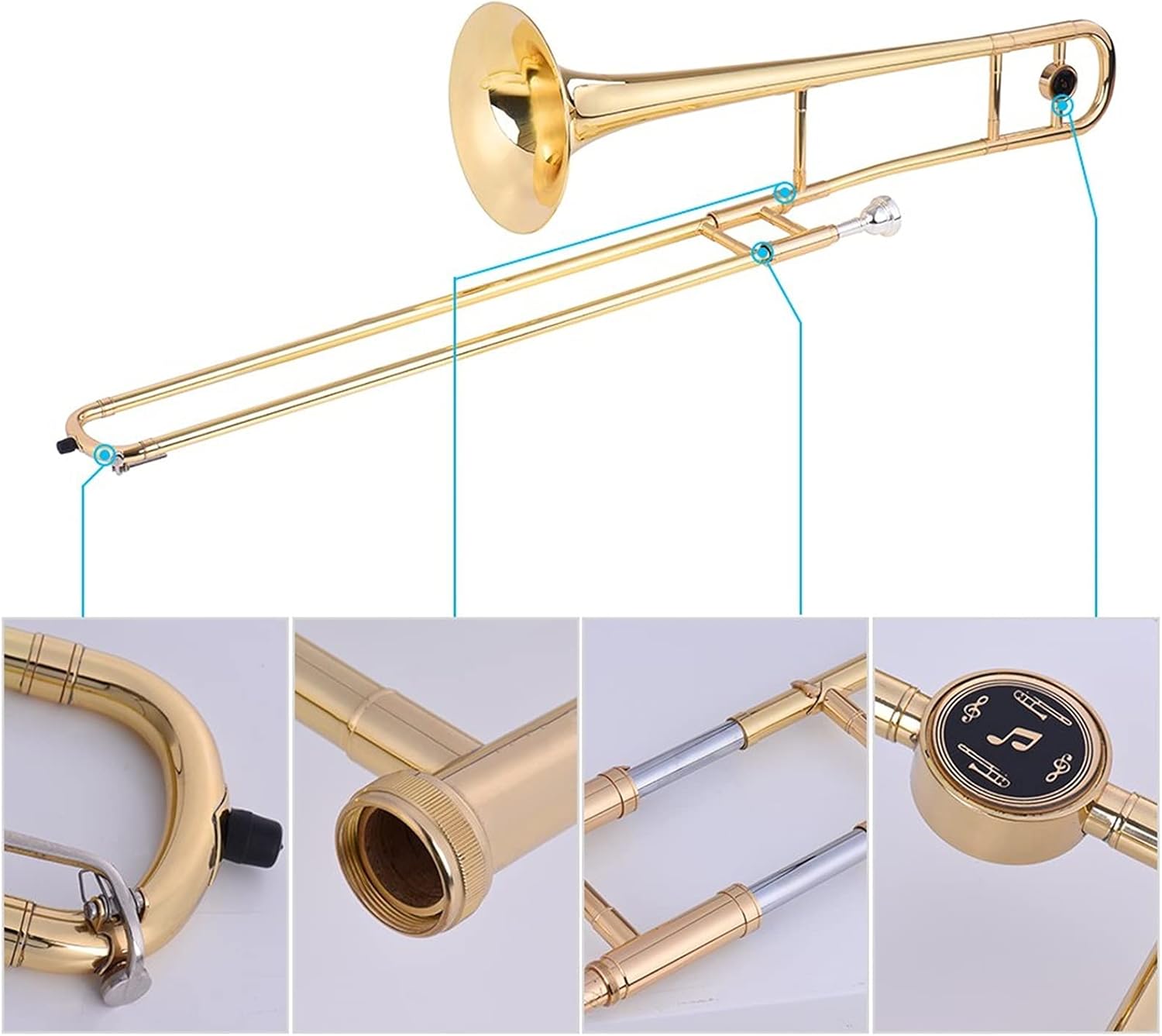 Student Trombone Alto Trombone Brass Gold Lacquer Bb Tone B Flat Wind Instrument with Cupronickel Mouthpiece Cleaning Stick Case Trombone Kit