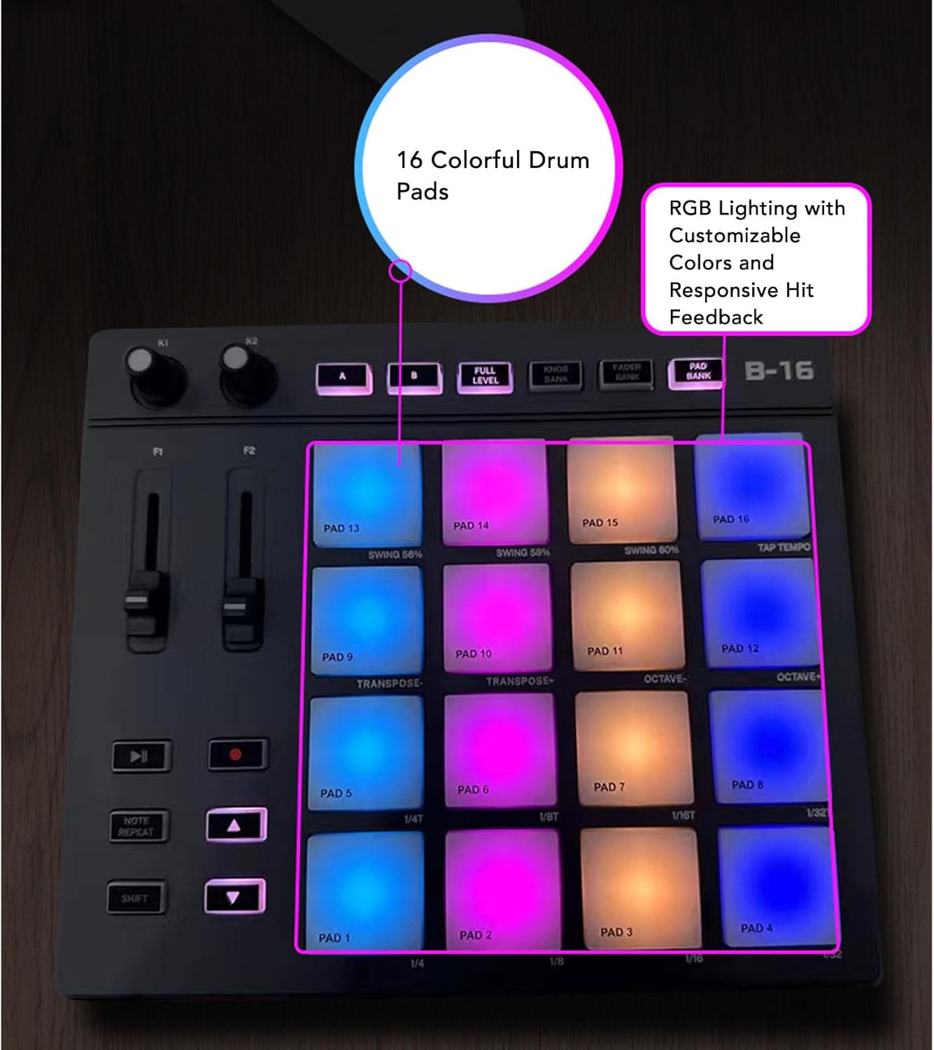 MIDI Controller Pad, Customizable Keys, with 16 RGB Drum Pads, 2 fader, 2 knobs, Portable MIDI Drum Pad, for Music Production