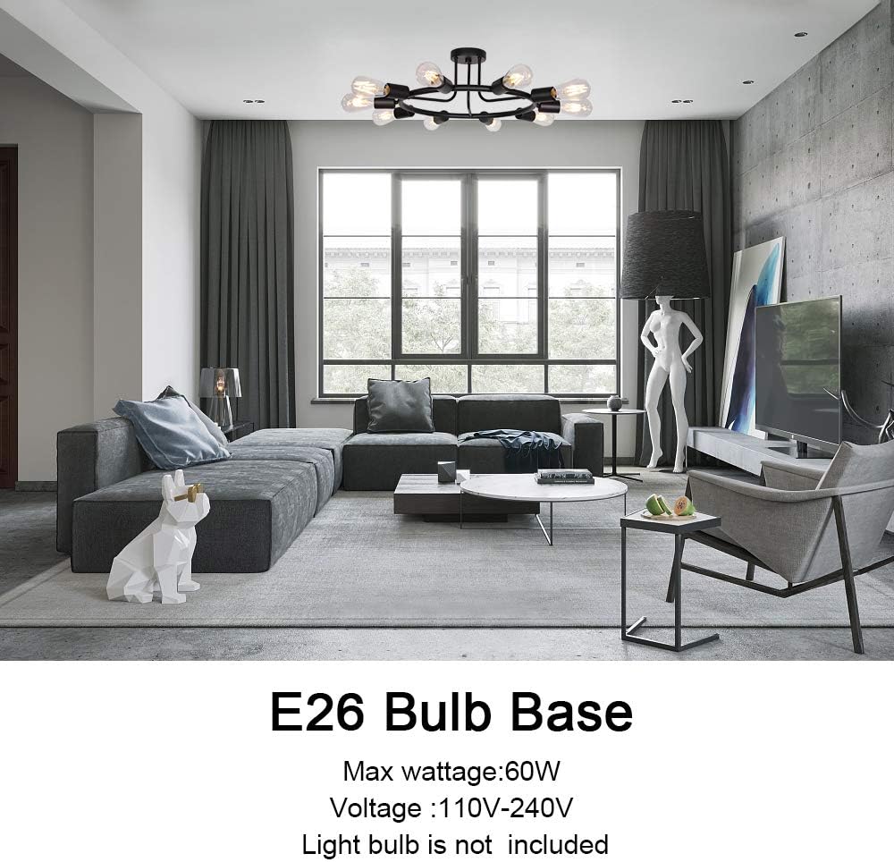 BONLICHT Vintage Metal Large Sputnik Chandeliers 10-Light Flush Mount Light Fixtures Ceiling Black Indoor Industrial Chandelier Lighting Mid Century Modern Starburst-Style Lighting Fixture UL Listed