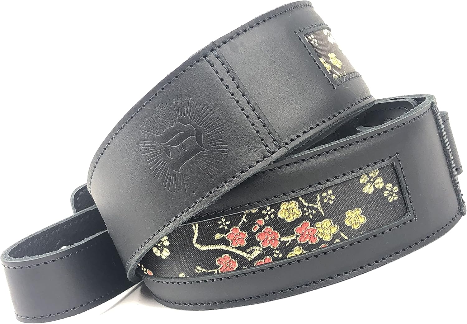 Anthology Gear Naginata Full Grain Leather Guitar Strap with Floral Silk Fabric Inlay For Electric, Acoustic, and Bass Guitars (2