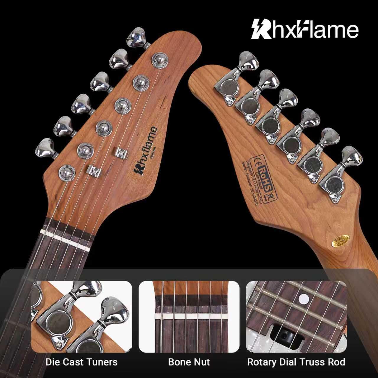 6 String Electric Guitar for Beginners & Intermediate with Coil Split Switches, White Pearl Pickguard, Roasted Maple Neck, SSH Pickups, Rotary Dial Truss Rod (Orange)