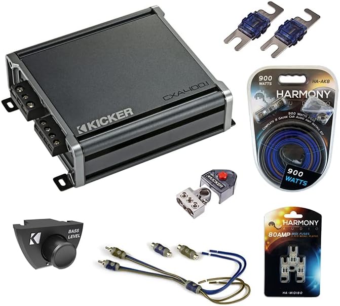 KICKER 46CXA4001 Universal Car Audio Class D Mono 800W Peak Sub Amp, 46CXARC Car CXA CX PXA Amp Bass Remote Control Knob and HA-AK8 Car Stereo Complete 8 Gauge 900W Amp Install Kit