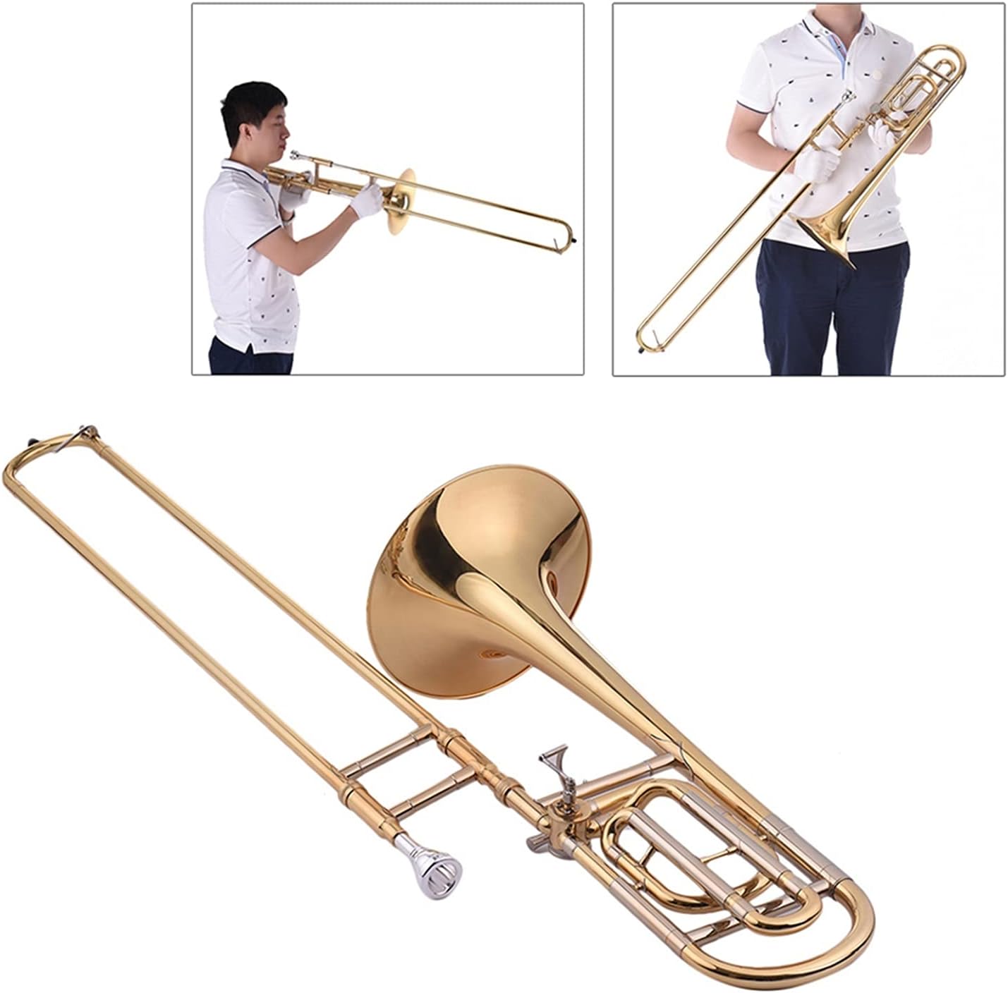 Student Trombone Intermediate Bb Flat Tenor Slide Trombone with F Attachment, Gold + Silver, Brass, Cupronickel