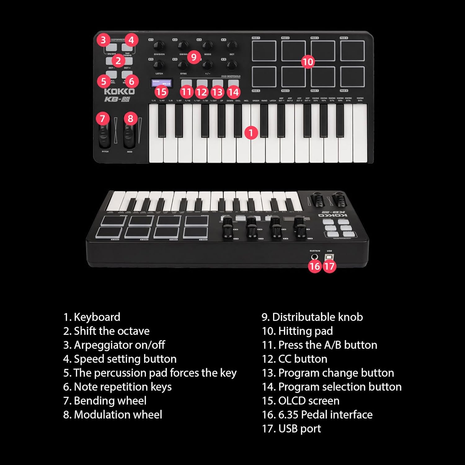MIDI Keyboard Controller Beat Maker Machine 25 Keys MIDI Keyboard Portable Arranging Pad MIDI Assignable Knobs Buttons Faders USB 5V Power Supply for Music Production