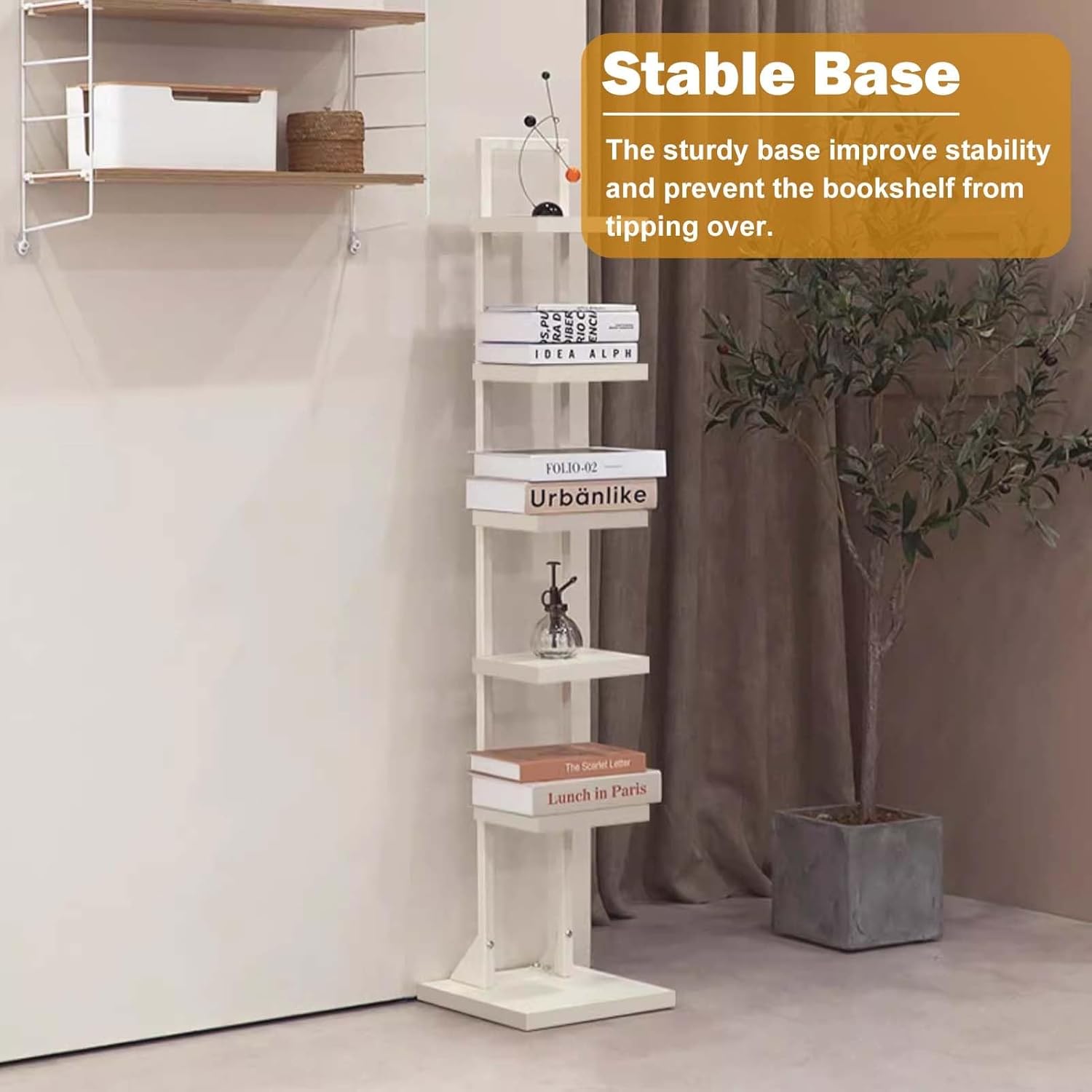 Vertical Bookshelf Tower Modern Shelf, White Metal Frame & Wood Board Bookcase, Corner Book Organizers for Small Space, 6 Layer Spine Book Tower