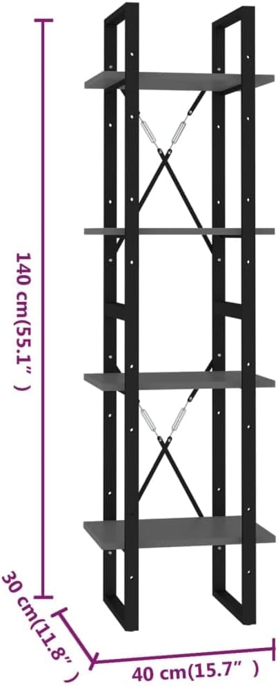 55 inch Tall Industrial Gray Bookcase Four Tier Large Engineered Wood Wall Mount Shelf 11.8 x 15.7 x 55.1 in Matte Modern Storage for Living Room Office Bedroom