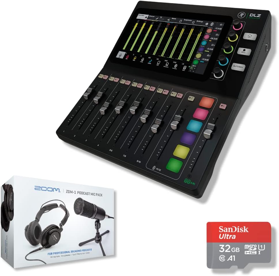 Mackie DLZ Creator Adaptive Digital Mixer for Podcasting, Content Creation, and Streaming with Zoom ZDM-1 Podcast Mic Pack, 32GB microSD Card and StreamEye Polishing Cloth