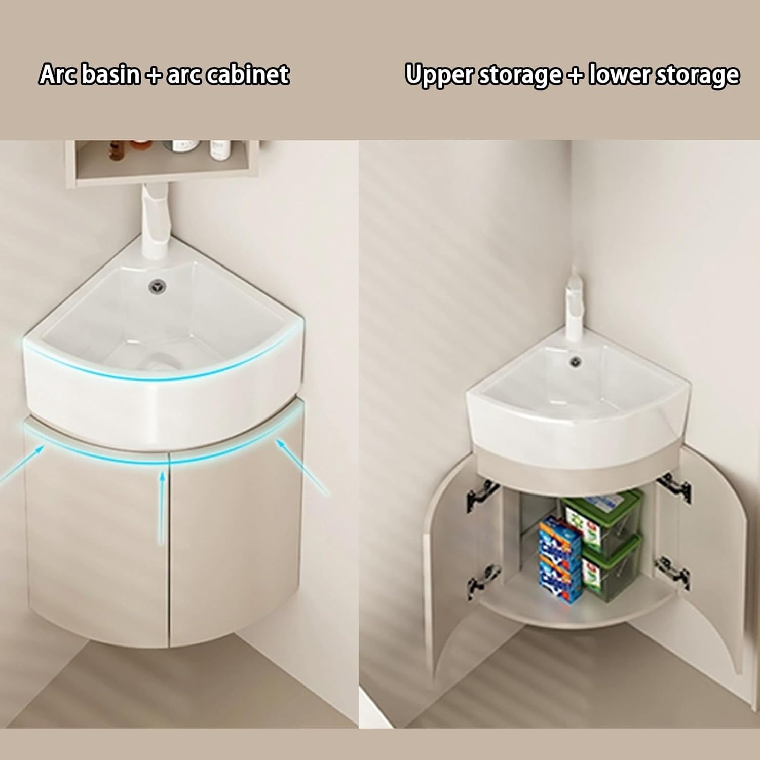 Corner Wall Mount Bathroom Sink, Bathroom Corner Hand Basin Sink, Corner Bathroom Vanity, Bathroom Sink Cabinets with Storage Container, Space Aluminum Material(42cm/16.5in)