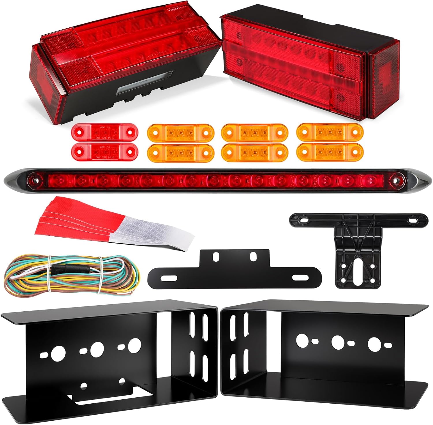 Partsam Rectangular LED Lighted Tail Kit, 8 Markers, 25FT Wiring Harness, Stop-Turn-Tail-License Lights, Mounting Box, for Boats, 12V