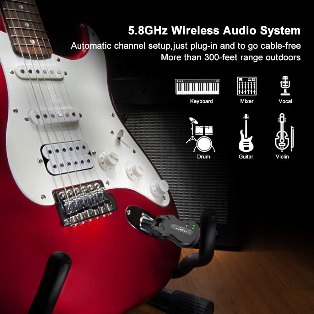 LEKATO WS50 Wireless Guitar System 5.8GHz Wireless Guitar Transmitter Receiver with Charging Box Audio Wireless Transmitter Receiver 4 Channels for Electric Guitar Bass