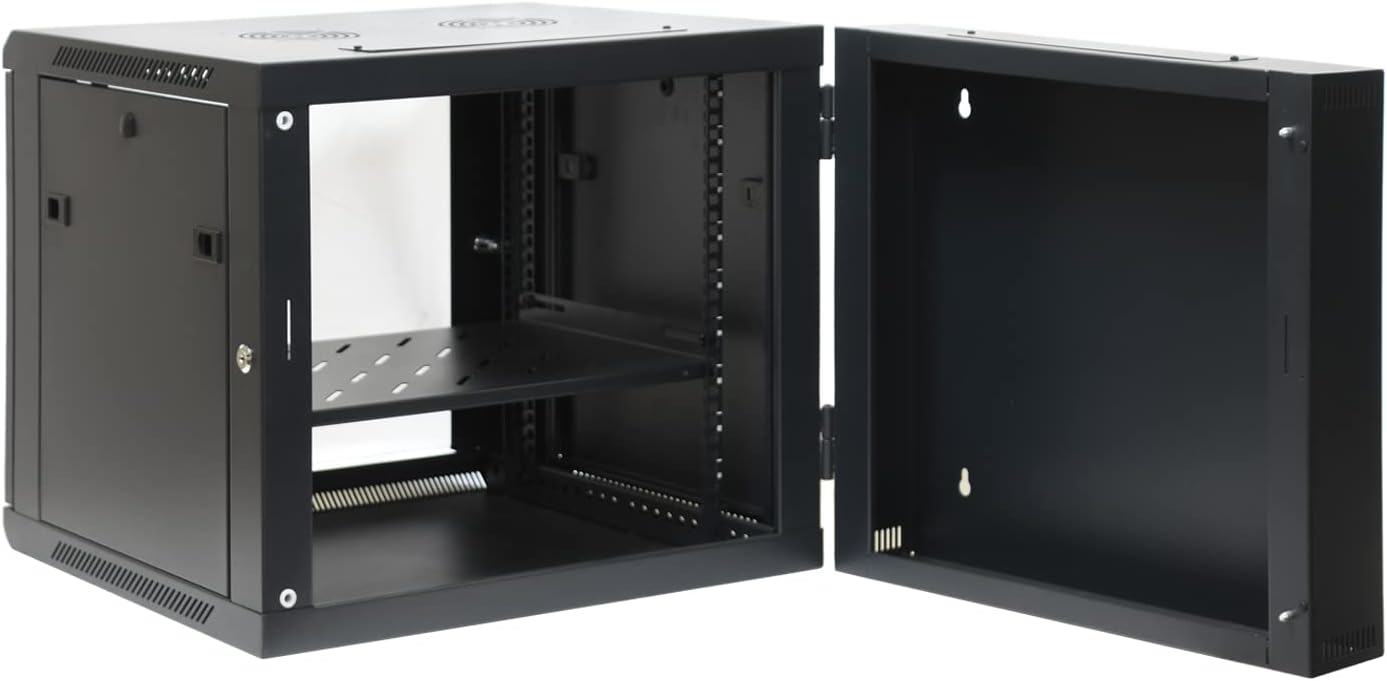 AEONS 9U Professional Wall Mount Server Cabinet Enclosure Double Section Hinged Swing Out 19-Inch Server Network Rack with Locking Glass Door Black (Fully Assembled)