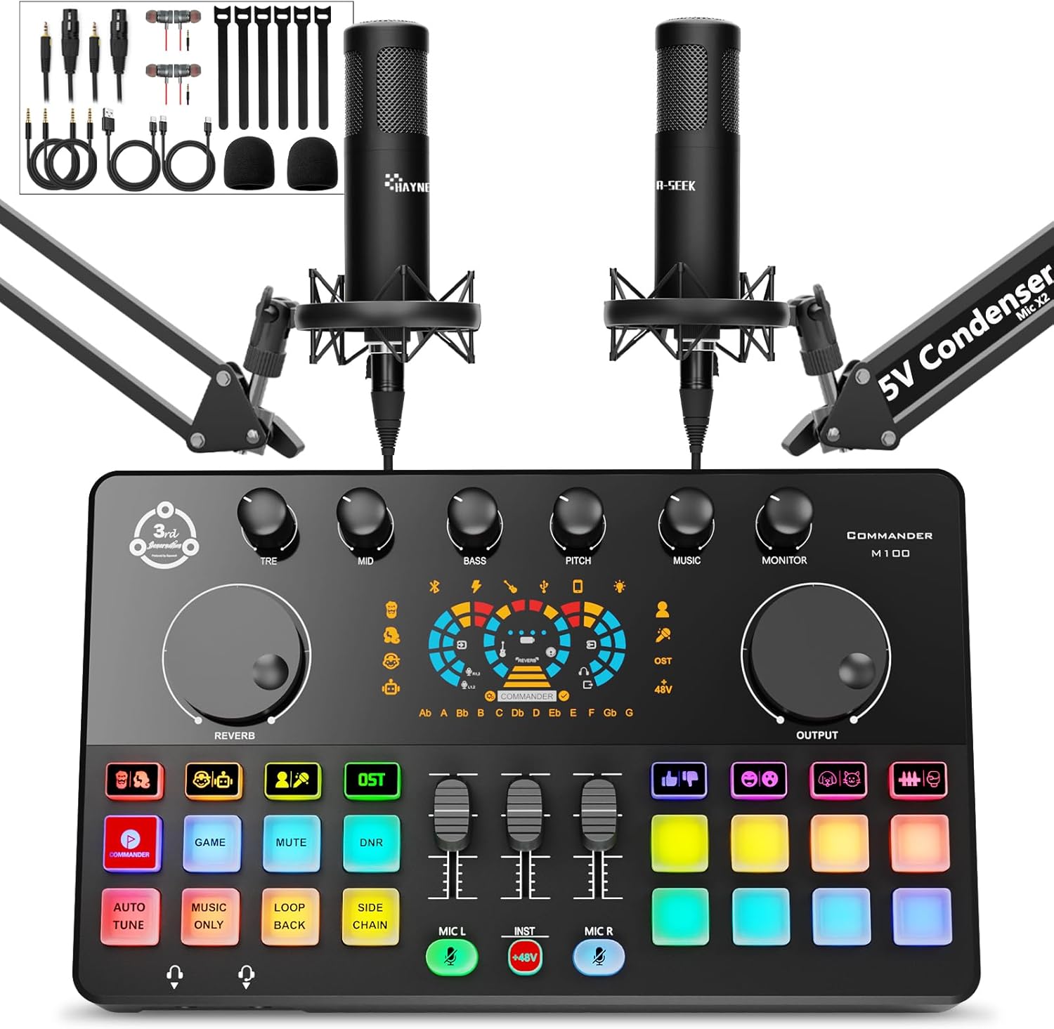 Podcast Equipment Bundle for 2, Audio Interface with Condenser Microphone, Voice Change, DJ Mixer for Streaming, Podcast Recording COMMANDER M100 3rd