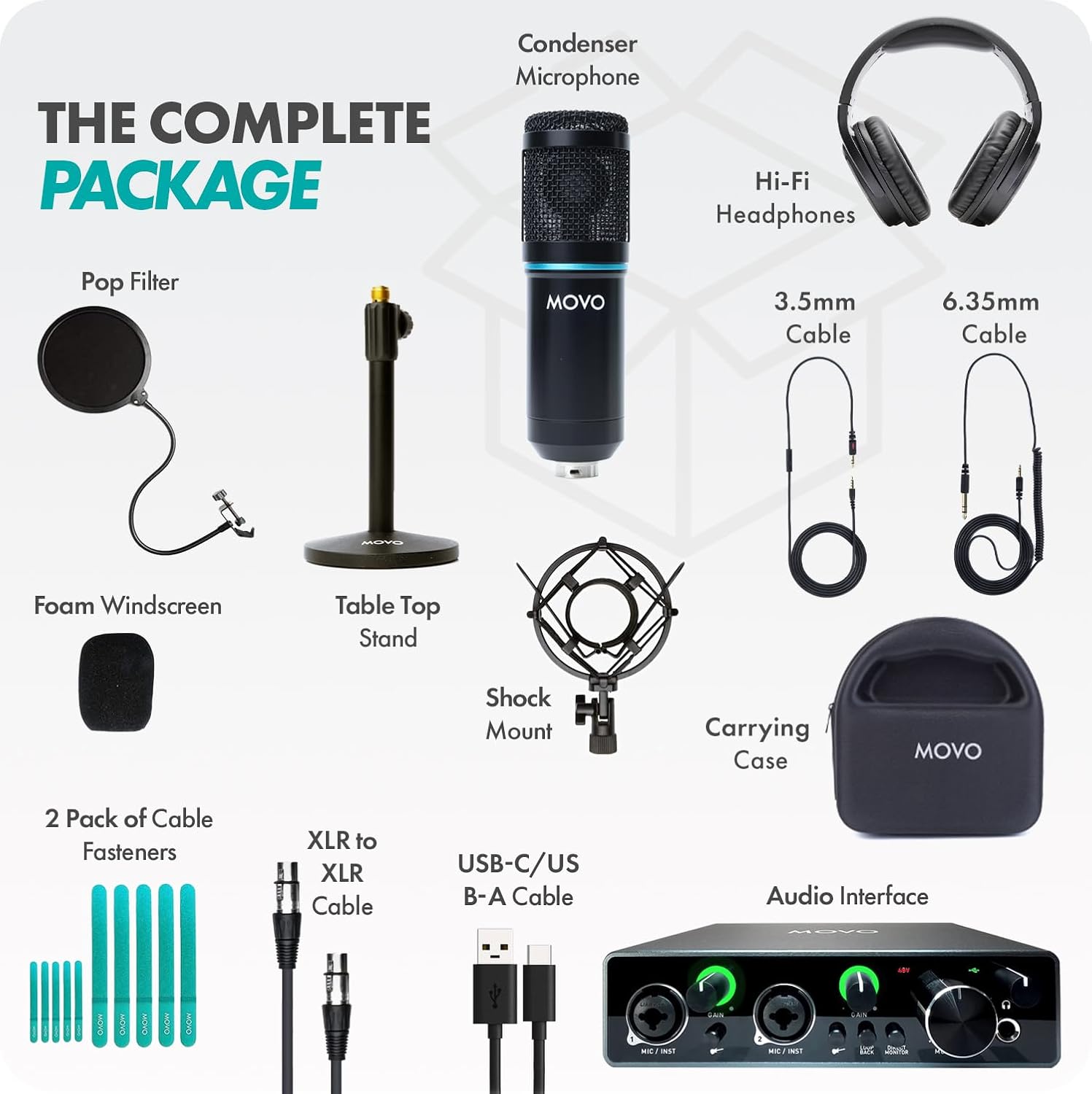 Movo PodPakT Universal Cardioid Condenser Microphone Kit with MDX-1 2x2 Audio Interface with Tabletop Mic Stand and Studio Headphones - Podcast Equipment Set for YouTube, Podcast, Streaming