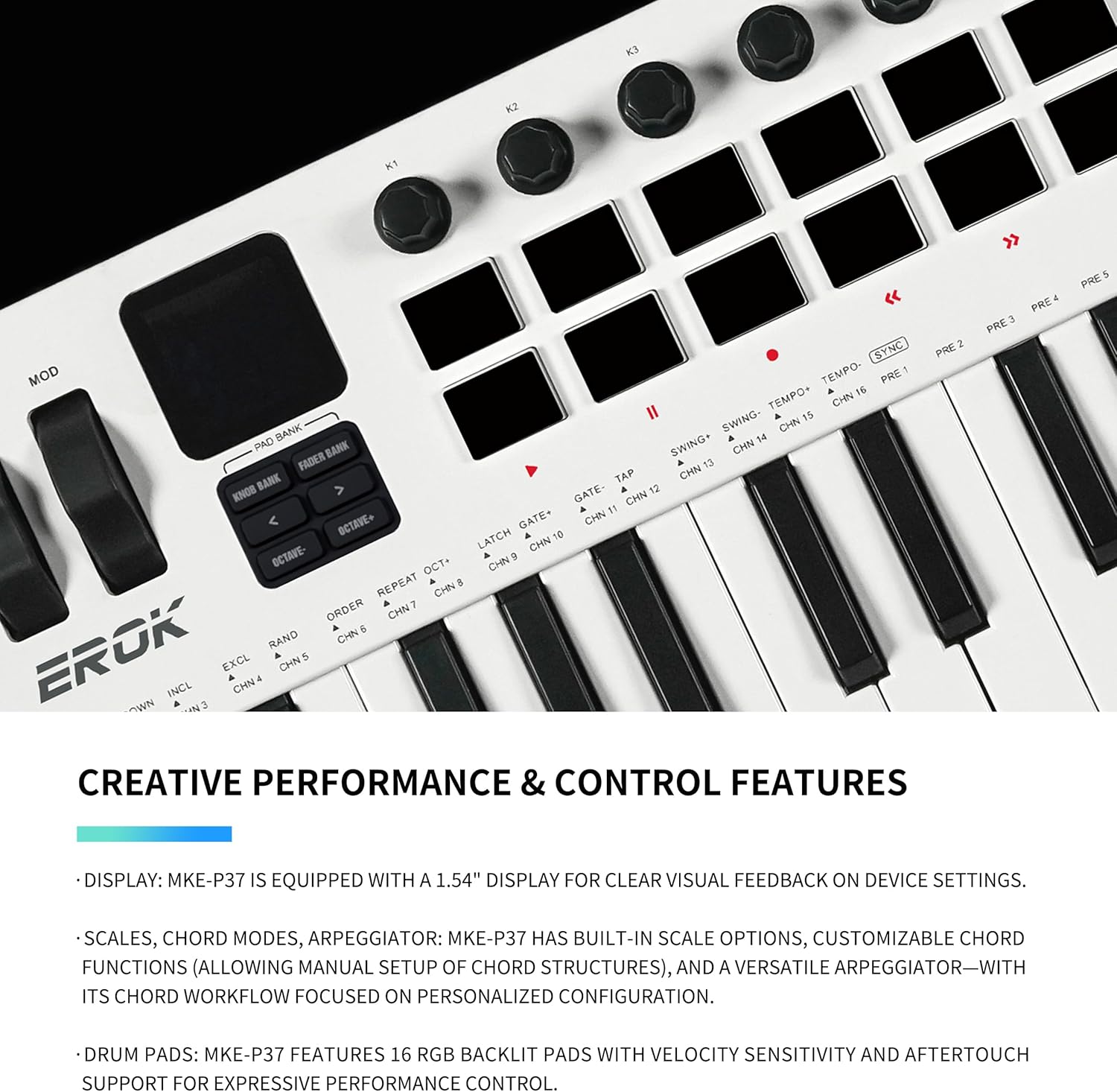 EROK 37 Keys MIDI Keyboard Controller with 3.5mm MIDI Output, 16 Backlit Drum Pads, 8 Knobs, DAW Integration & Arpeggiator, Music Production Equipment and Studio Controller (White)