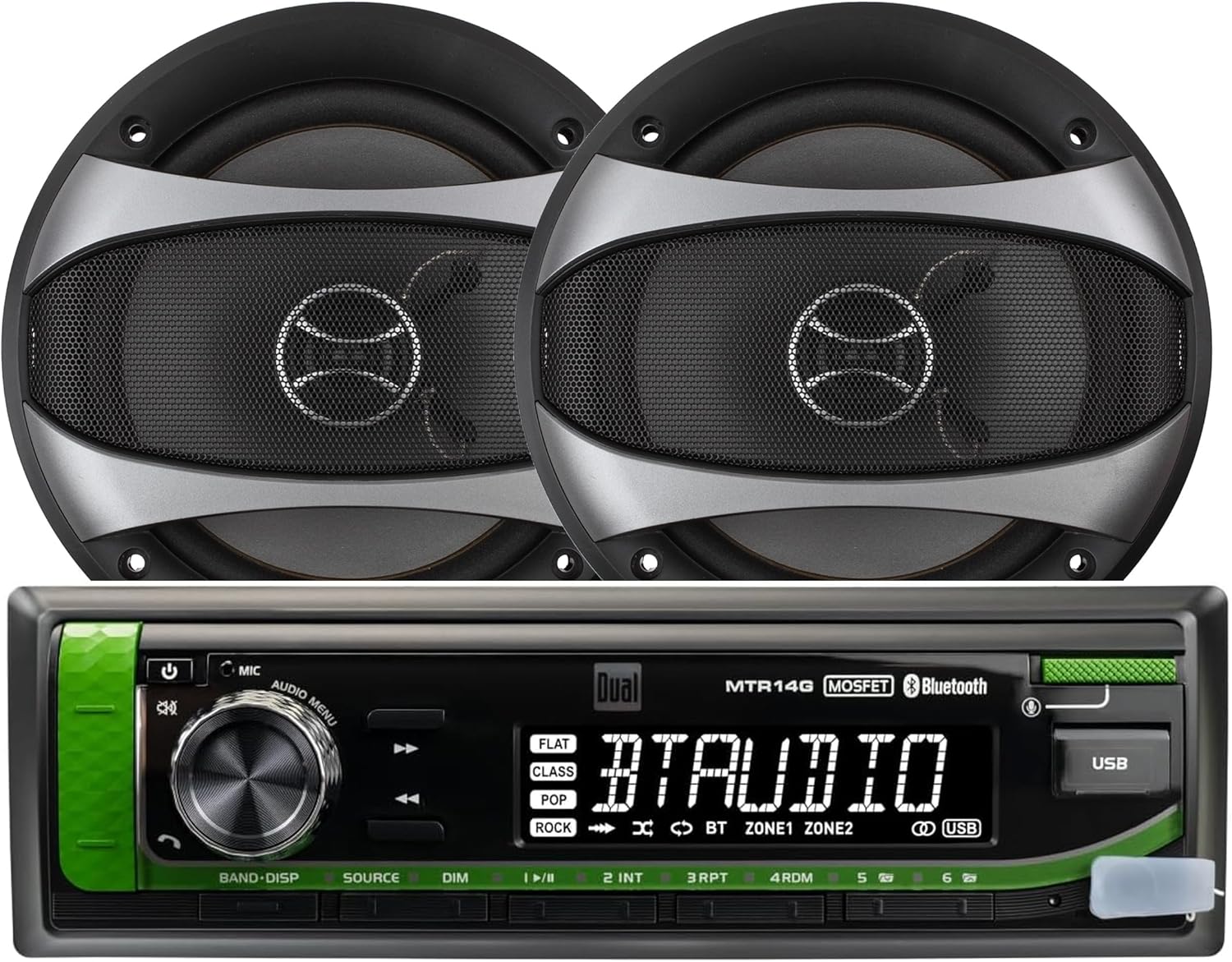 Dual Electronics Kioti Tractor Radio & D65SP 2-Way 6.5 inch Door Car Speakers Bundle