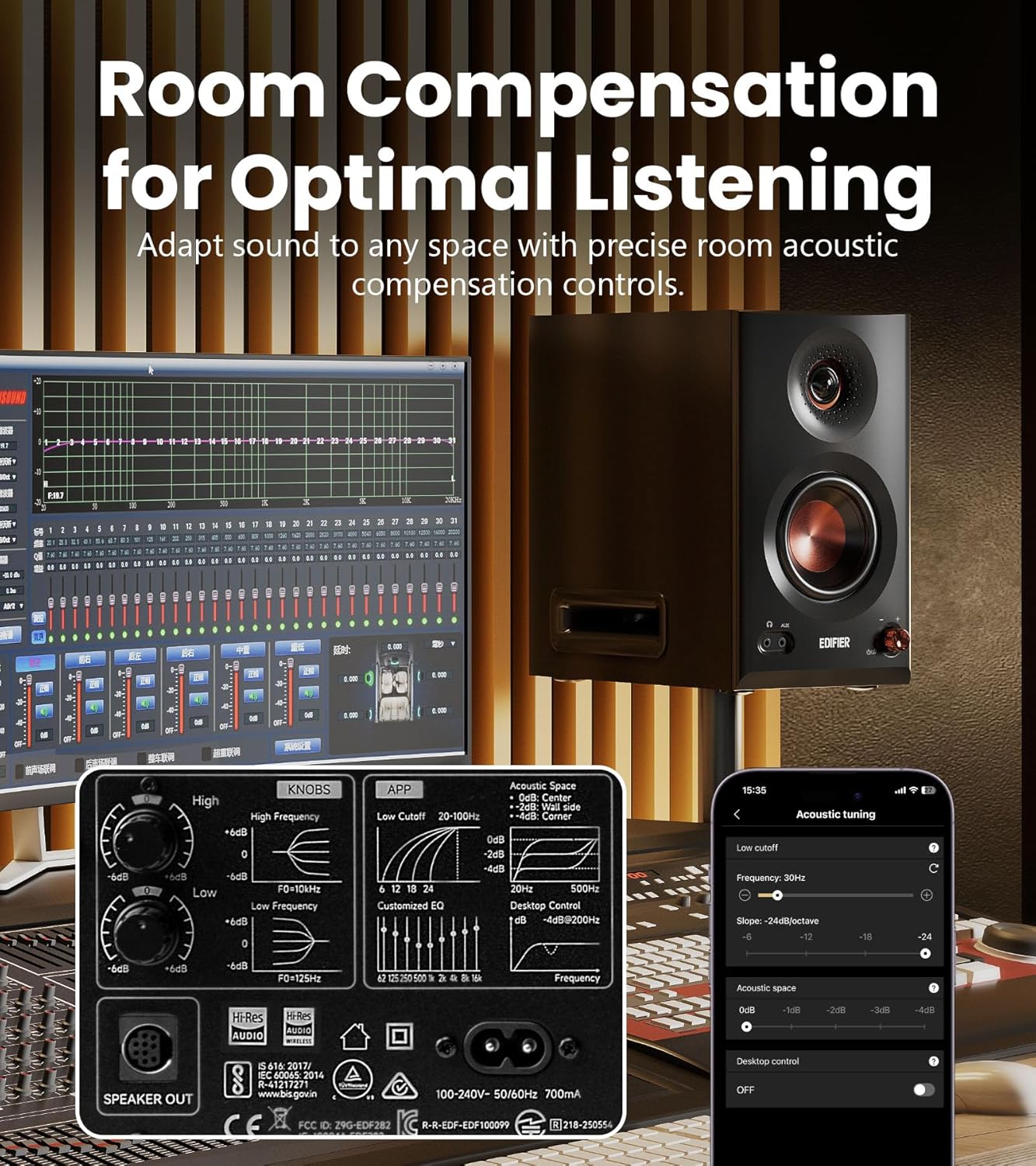 Edifier MR5 2.0 Studio Monitor Bookshelf Speakers, 110W(RMS), Hi-Res Audio, Bluetooth 6.0, 3-Way Active Design, Room Compensation, XLR/TRS/RCA Inputs, Compact Size for Home Studio & Music - Black