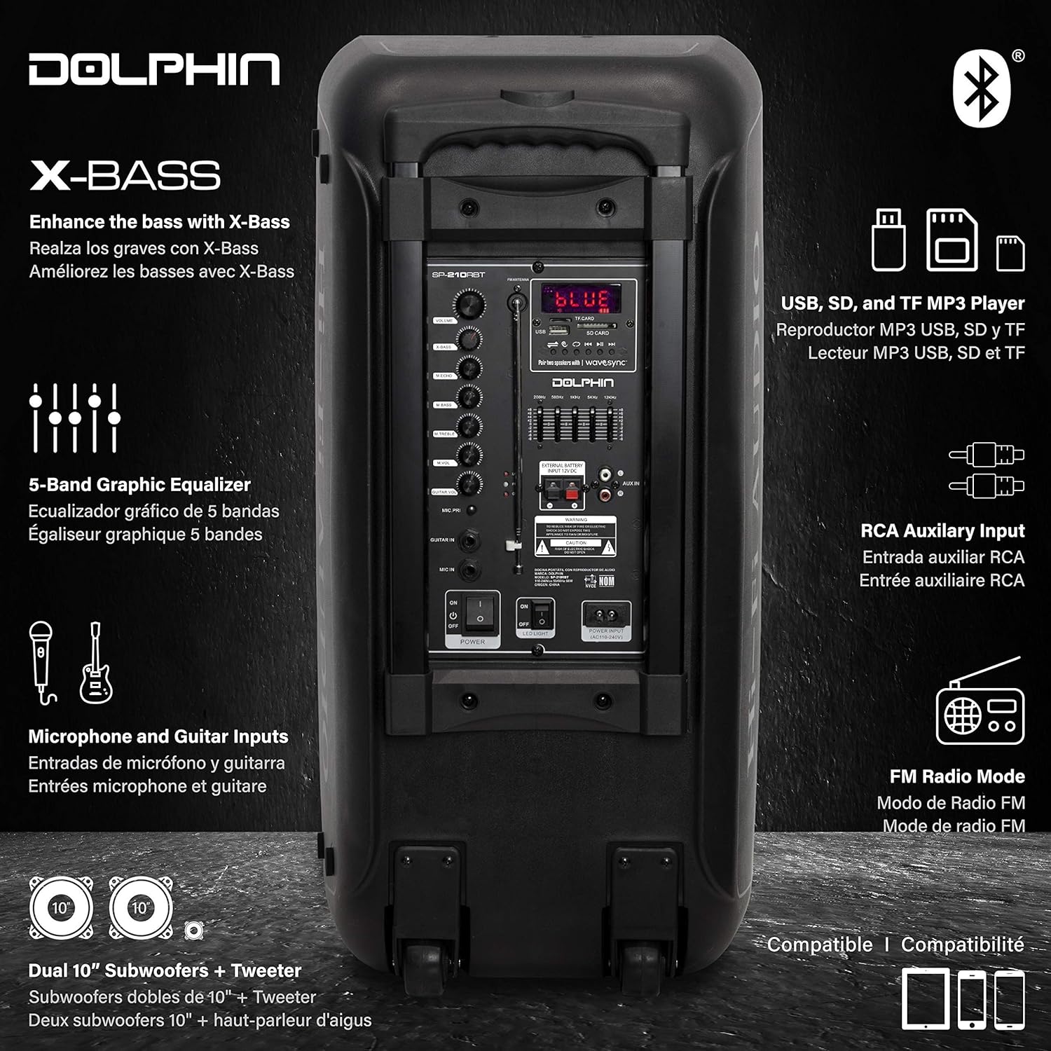 Dolphin 1000W Karaoke Party Speaker with 2 Wireless Microphones, Bluetooth, LED Lights, Tailgate Ready, and Long-Lasting Battery