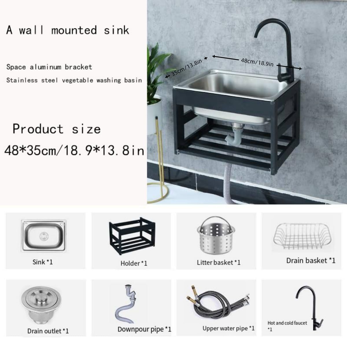 Wall Mount Kitchen Stainless Steel Sinks,Equipped with hot and cold faucets,Corner Wall Mount Bathroom Sink,Laundry Room Patio Outside Kitchen Garden Shop Emergency Sink (Cold/hot faucet)