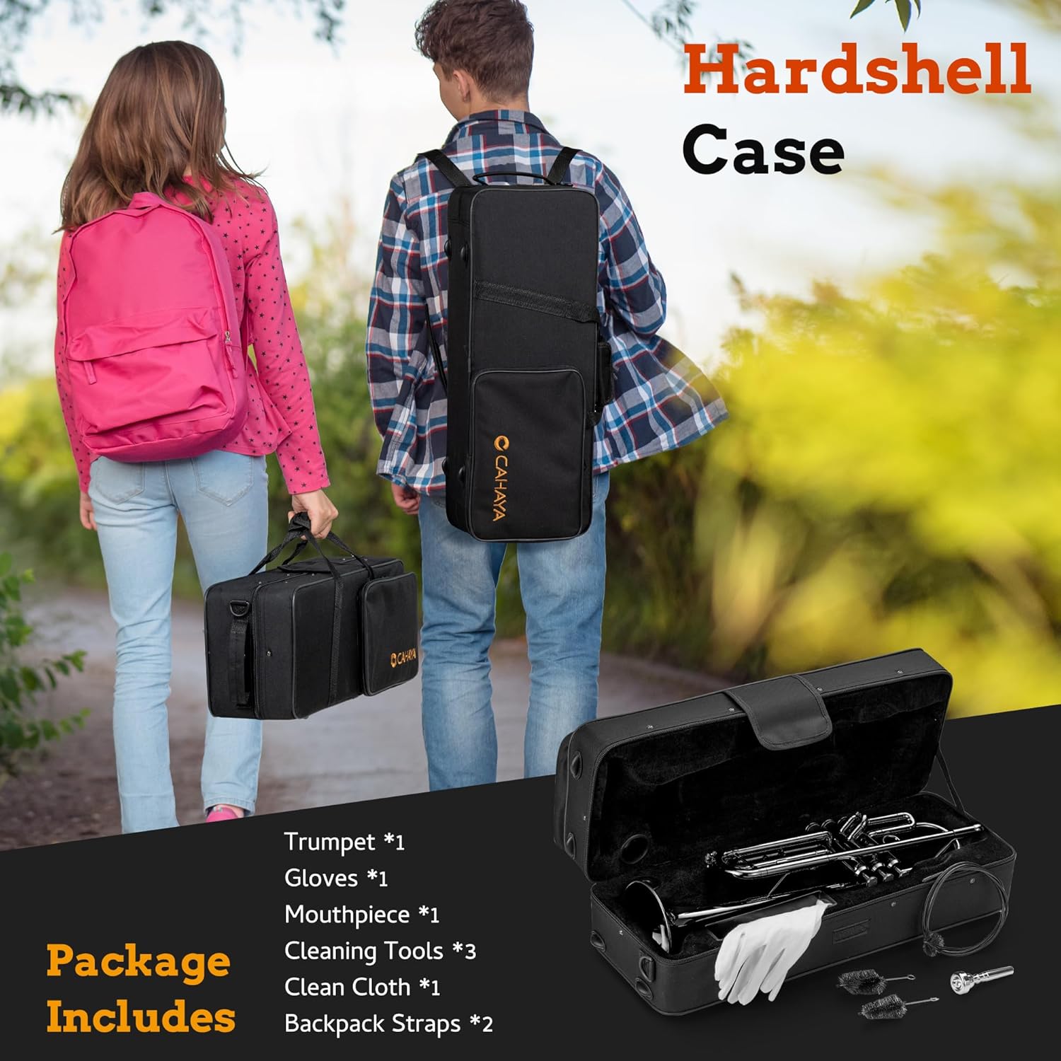 CAHAYA Bb Trumpet Instrument Trompeta: Student Trumpet with Hard Case 7C Mouthpiece Gloves Standard Trumpets for Beginners or Advanced Students Black