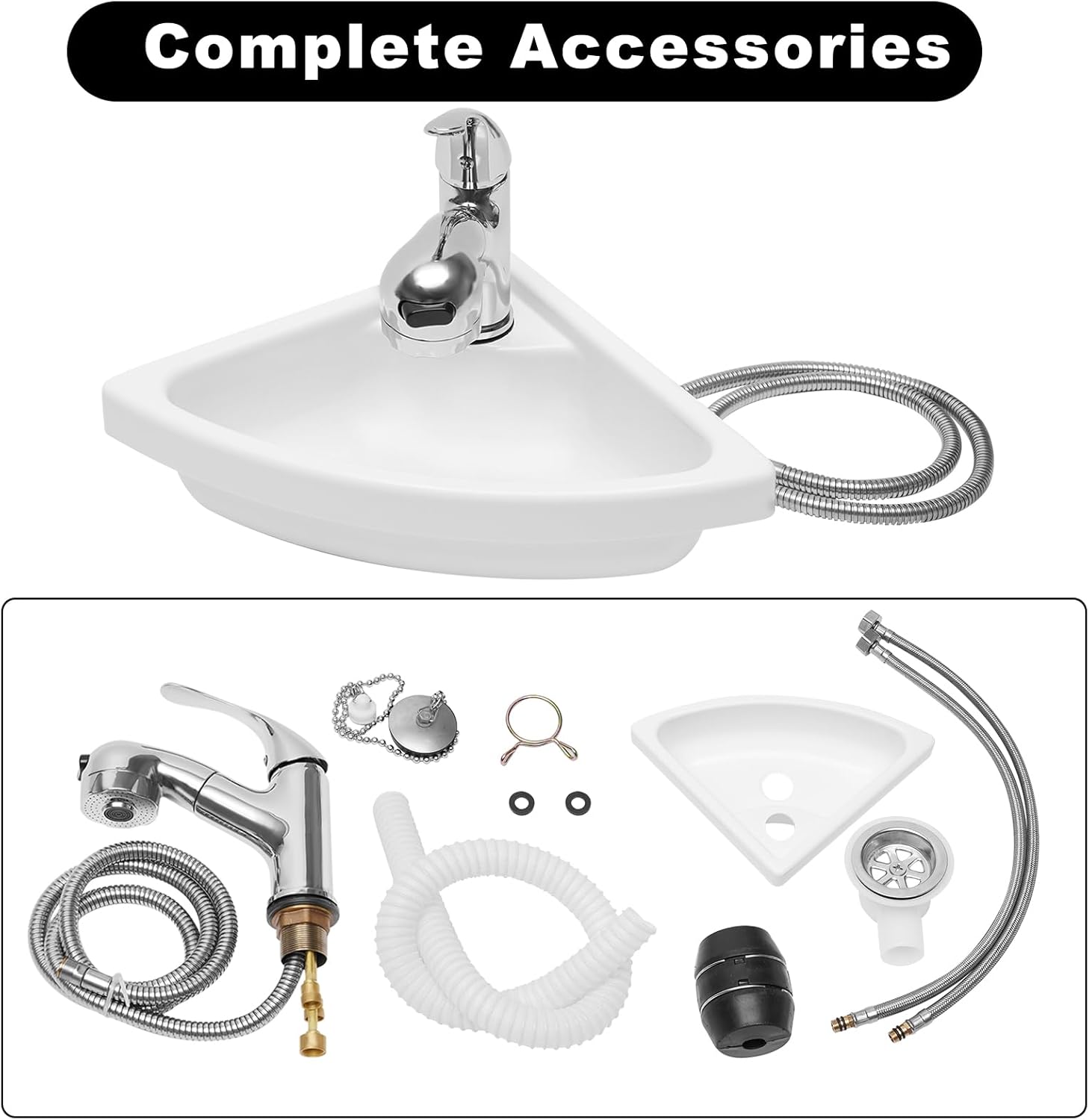 Wall Mount Corner Bathroom Sink, Boat Caravan RV Camper Corner Sink with Faucet, Single Bowl Sink for Boat Caravan Rv Camper Kitchen Bathroom, White