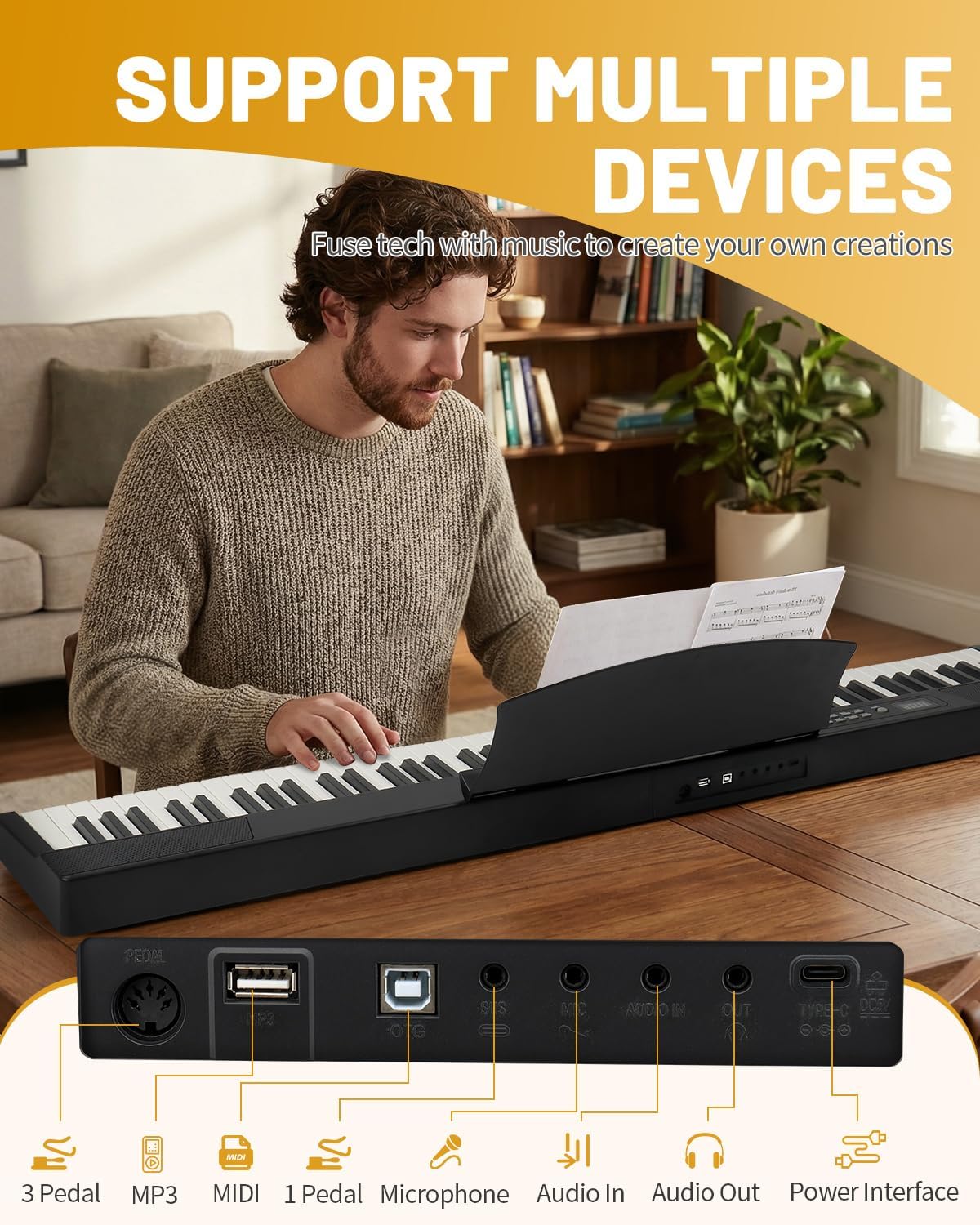 Ktaxon 88 Key Portable Electric Piano with 500 Tones, 200 Rhythms, 300 Demos, Magnetic Connection Piano keyboard with Stand, Sustain Pedal, Headphones, Portable Bag & Key Sticker (Full)